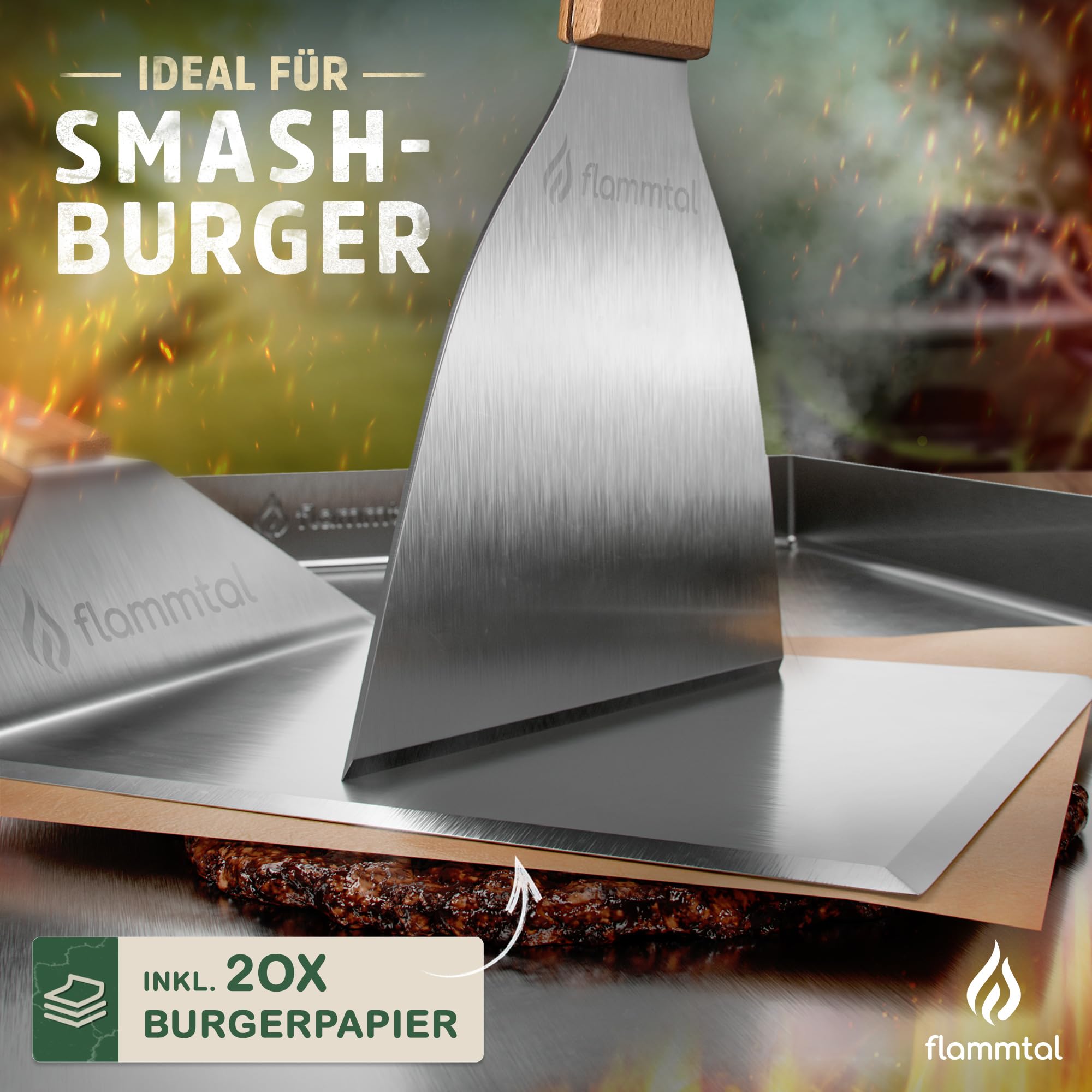 flammtal - Grillplatte aus 4mm rostfreiem Edelstahl [40 x 30cm] - Plancha mit Grillspachtel Set & Burgerpapier - passend für Gas- & Kohlegrill - auslaufsichere Ecken für sauberes Grillen