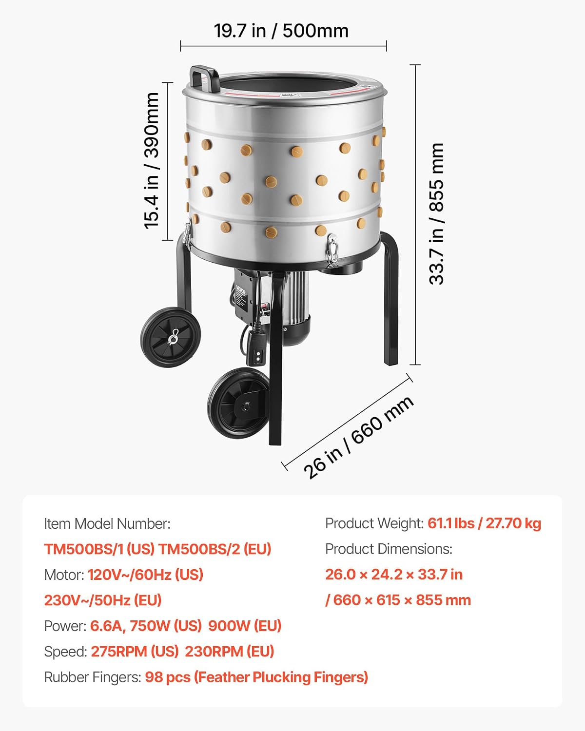 VEVOR Chicken Plucker Machine, 19.7 in Drum, 750W & 275RPM Electric Chicken Plucking Machine with 98 Soft Fingers & Transport Wheels, Stainless Steel Feather Remover for Processing 2 Chicks Once