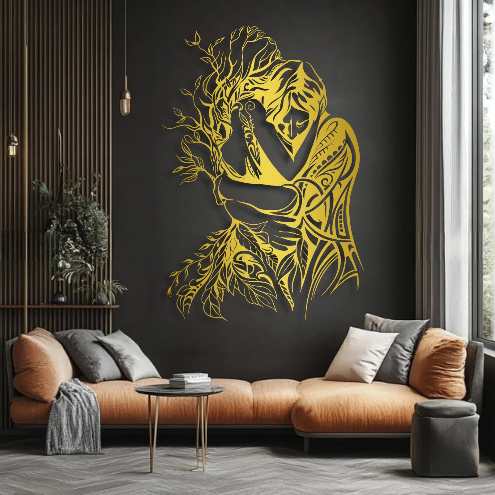 Romantisches Wandbild aus Metall, schwarzes Pärchenmotiv, Wanddekoration aus Metall, Wanddeko für Schlafzimmer, Wohnzimmer, Flur und Treppenhaus, Natur-Wohndeko (Schwarz, 61 x 41 cm)