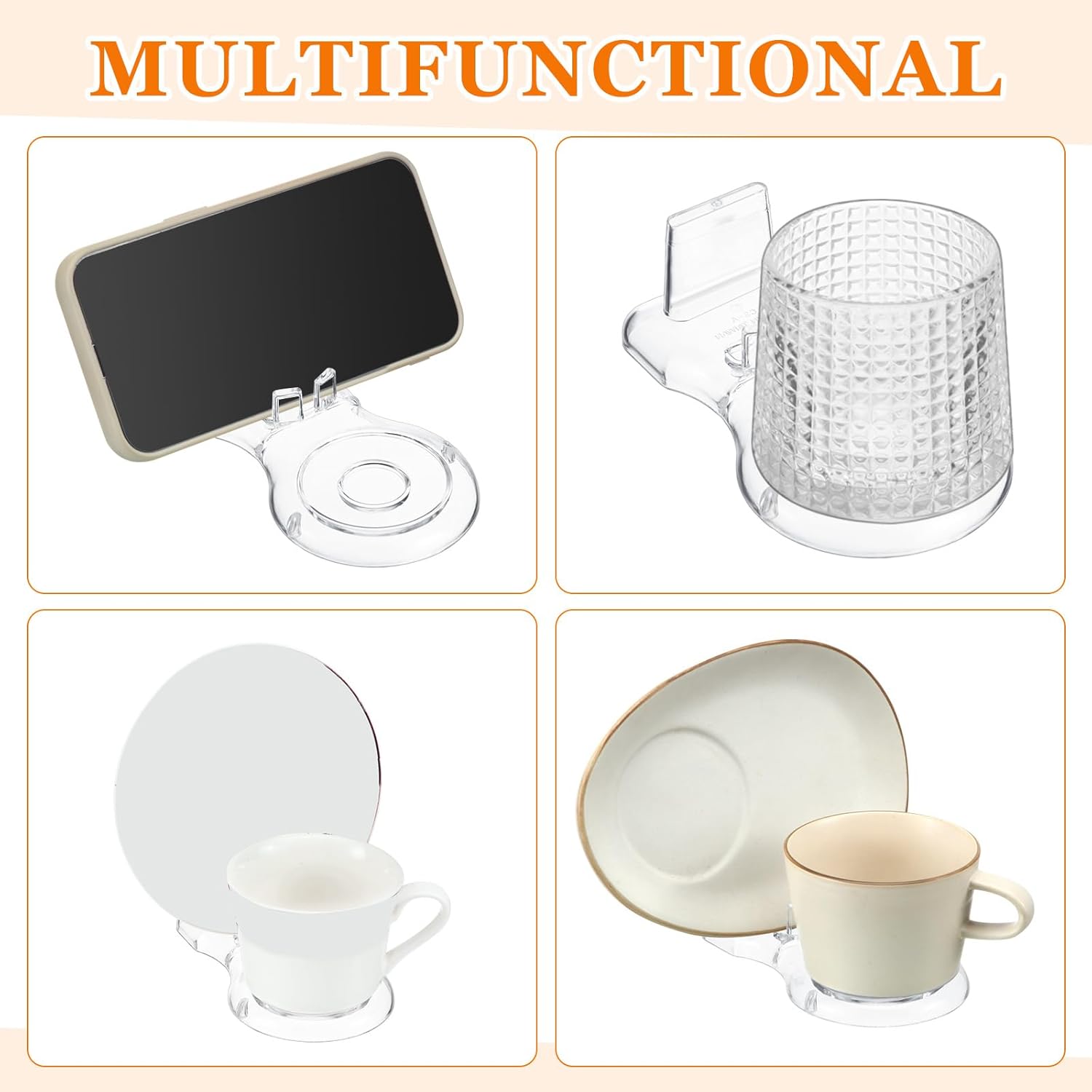 Domensi 8 Pcs Acrylic Dinnerware Display Stand 4 Pcs 3 Tiers Plate Display Stand Clear China Platters Setting Holder and 4 Pcs Tea Cup Saucer for Kitchenware Utensils Tableware Organizer