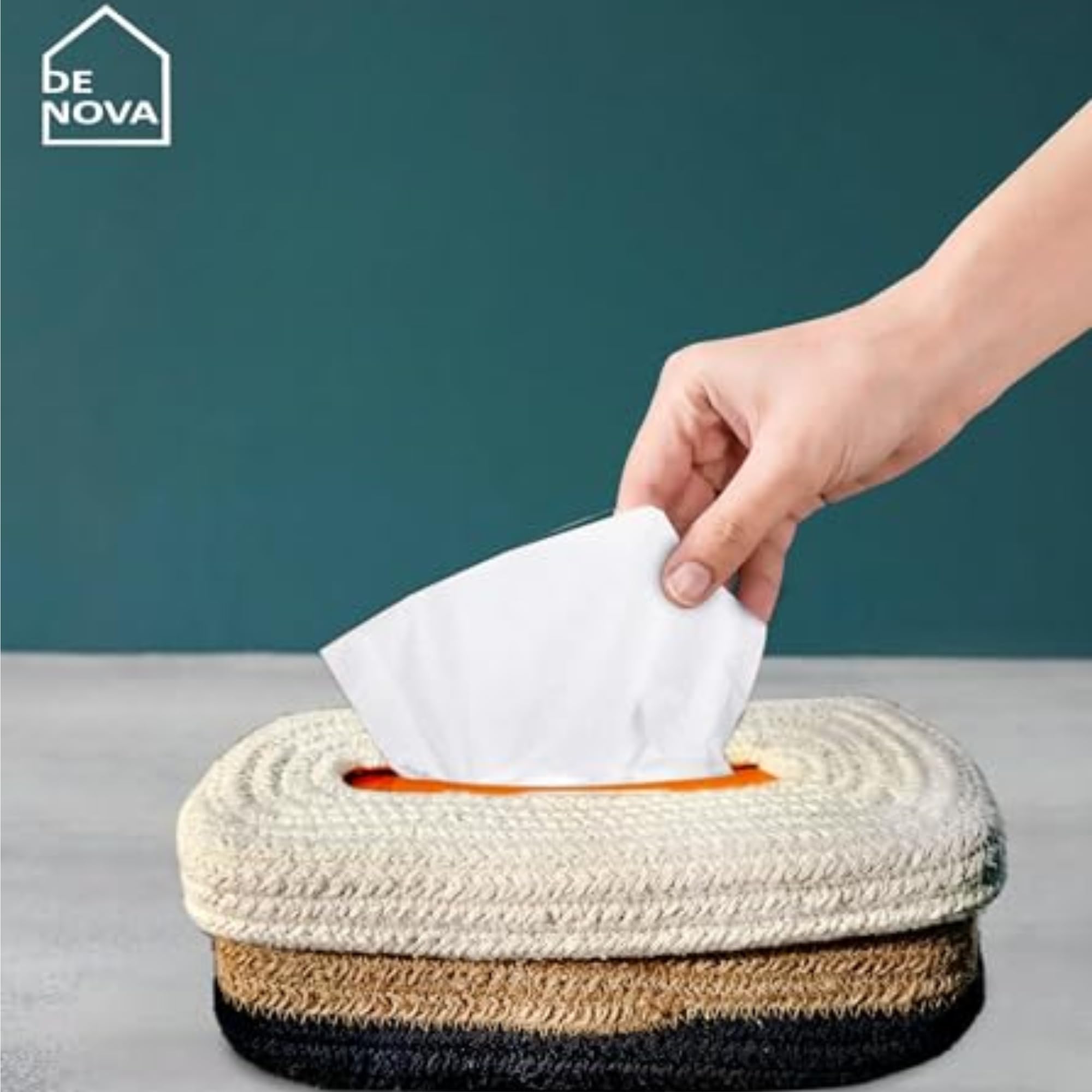 DENOVA Tissue Box Holder - Cotton Handcrafted Tissue Container for 100 Pulls Paper Towel Dispenser for Office Living,Bedroom,Car,Desk,Dining Table and Home Decor (Oval, Black & White)+Tissue Box 2