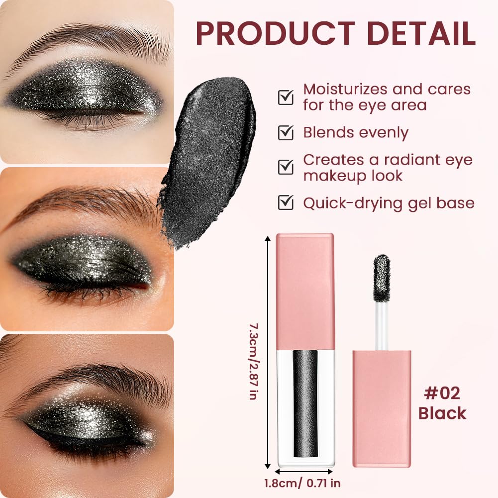 Sombra de Ojos liquida, Sombra de Ojos Liquida Negra, Eyeshadow Perlada Brillante, Somb-ra de Ojo-s Líqui-da Pigmentada Maquillaje, Resistente Agua, para Todos Los Tonos Piel, Negra — view 3
