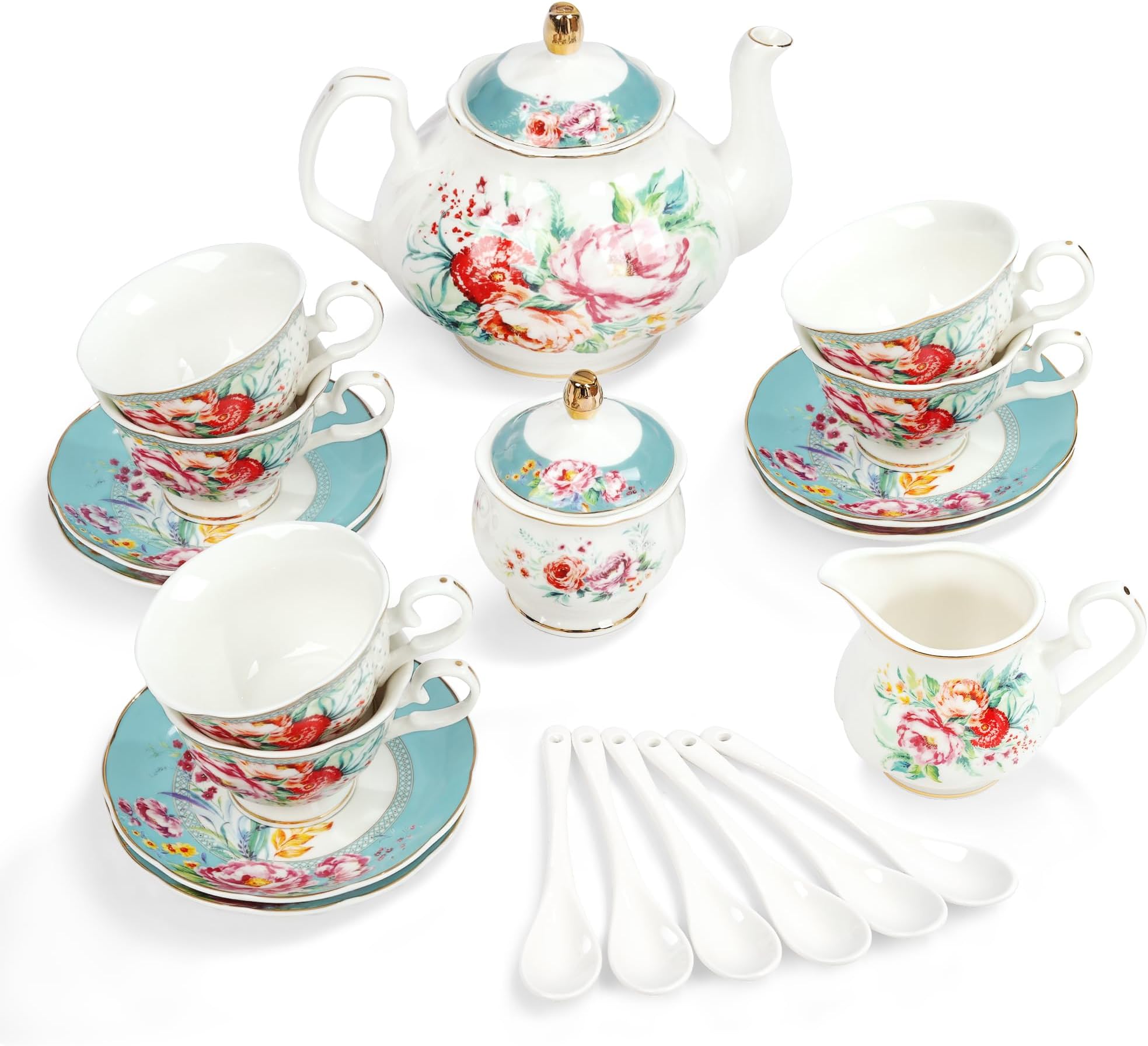 fanquare 21-Piece Green and Floral Porcelain Tea Set, Vintage Ceramic Tea Cup and Saucer Set for 6, Teapot Set for Women Party