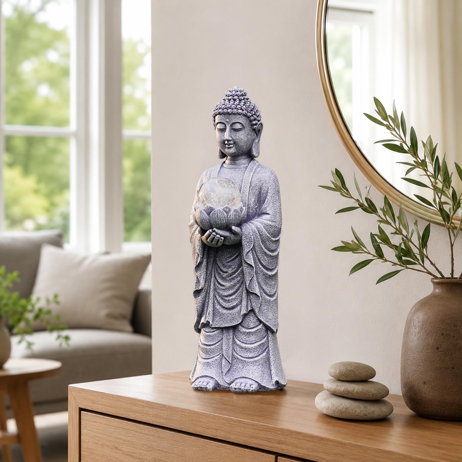 Goodeco Statue de Bouddha solaire avec boule de lotus – 47 cm Zen