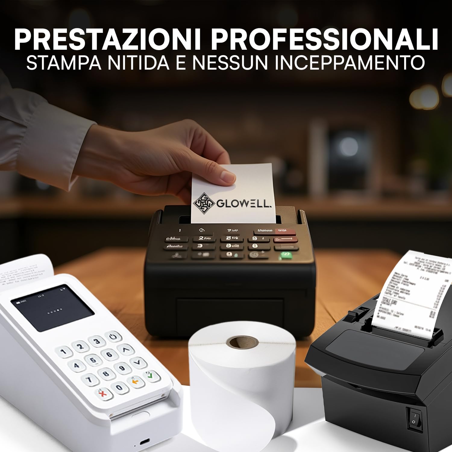 Glowell Rotoli POS 80x80 m di Lunghezza in Carta Termica con foro da 12 mm - Stampa Scontrini alta qualità, Rotoli Cassa per Stampante Termica Scontrini Bancomat, Carta Pos Made in Italy (50pz)