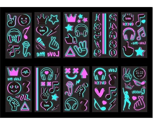 Miniatura 8 de Konsait 10 hojas de tatuajes que brillan en la oscuridad para niños y adultos, seguros y fáciles de usar, tatuajes de música temporales de neón,