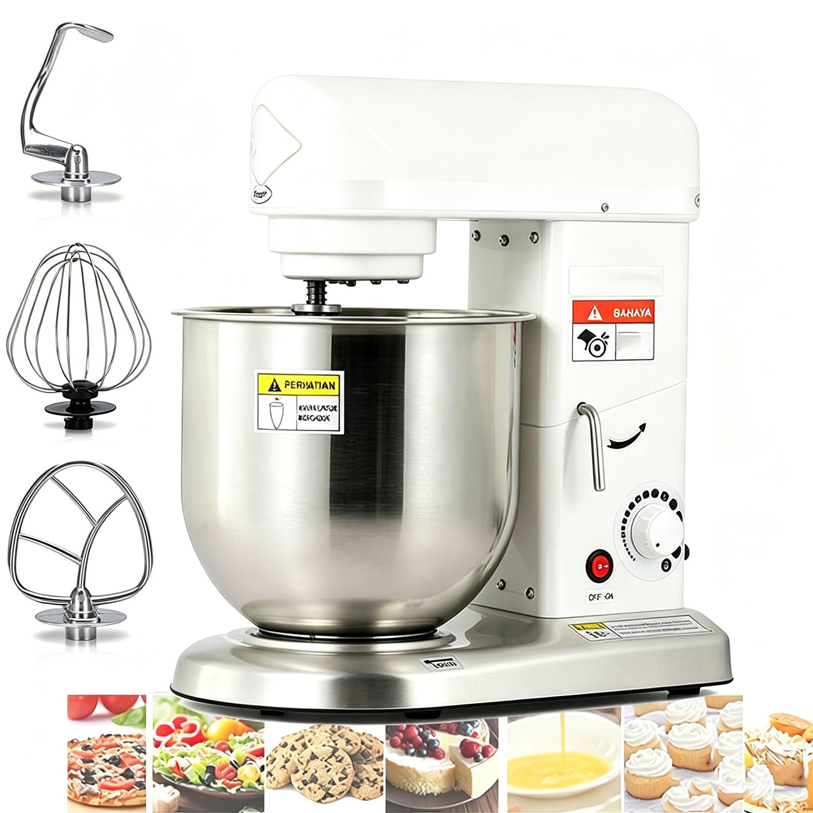 Planetarny Uchylną Głowicą,3 Regulacją Prędkości White-5L | Moc 350w/500w, W Zestawie Mieszadło I Hak Do Ciasta, Do Profesjonalnych Kuchni,Stal Nierdzewna,Pojemność 5, 7 Lub 10 Litrów