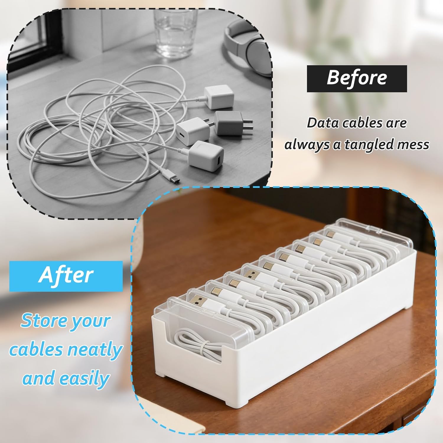 4 Sets Cable Organizer Storage Box with 11 Clear Switch Case Desktop Cable Management Box Power Cord Organizer Stackable Cords Storage Organizer for Office Home Desk Accessories Stationery Supplies