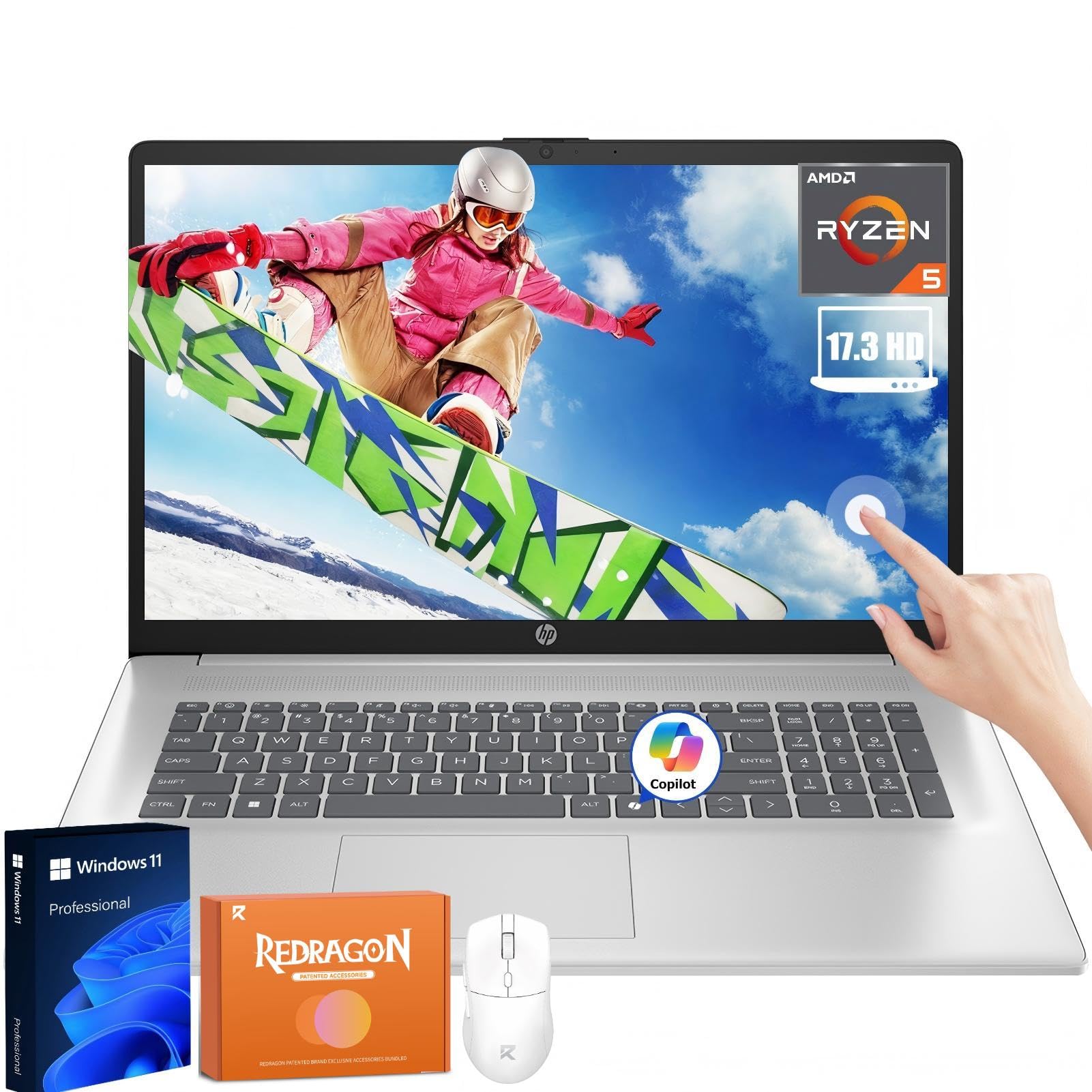 HP 17.3 Touchscreen Laptop for Business, AMD Ryzen 5 Processor, 32 GB RAM, 1 TB SSD, 17.3" HD+ Anti-Glare, Wi-Fi 6, Copilot-AI, 128 GB USB Flash Drive
