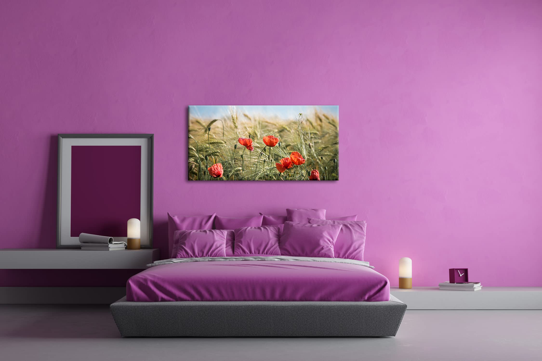 Leinwandbild Zarte Mohnblumen im Getreidefeld – Poesie der Natur Panorama Format: 120x60 cm XXL Kunstdruck Bild auf Keilrahmen/Wandbild/Wohnzimmer Deko