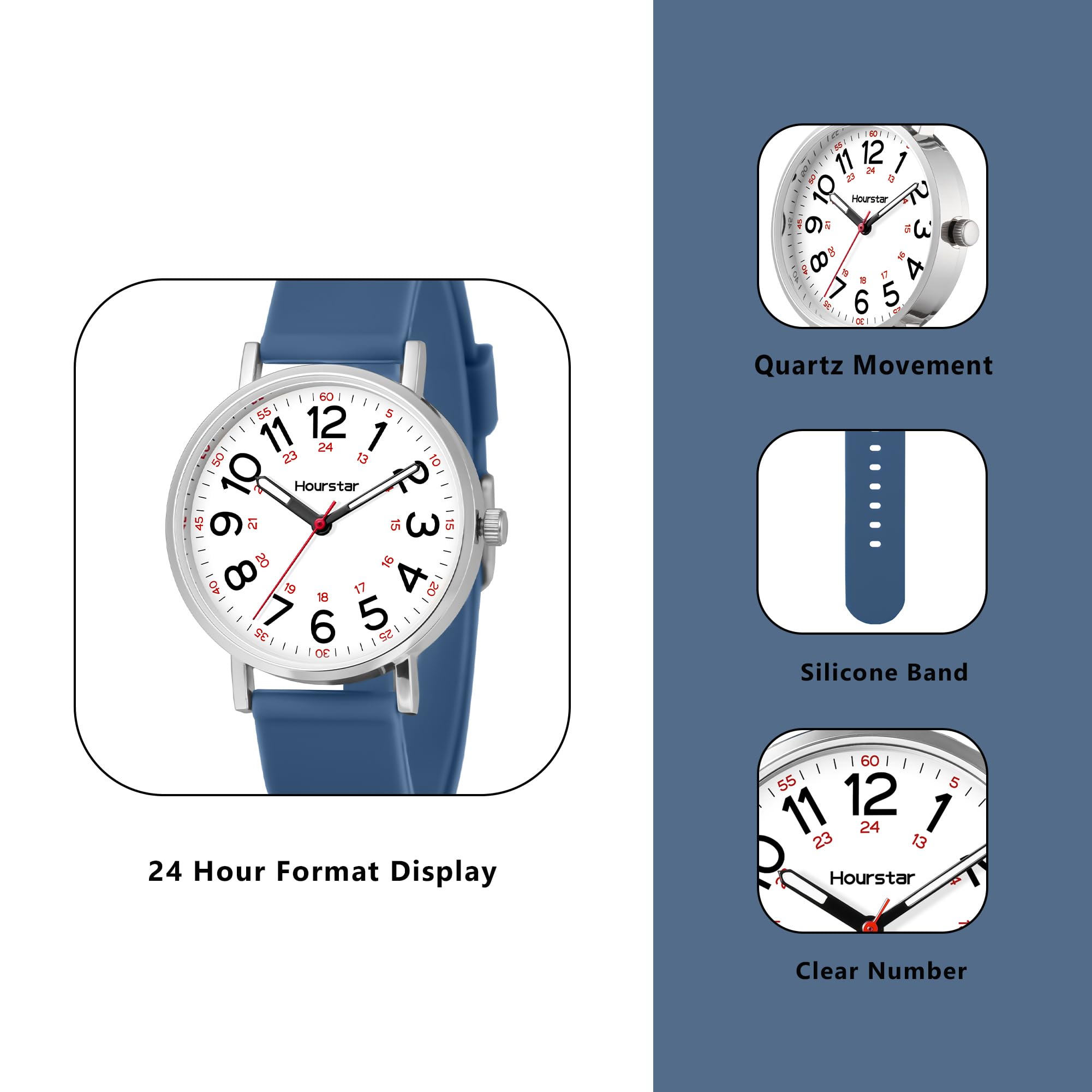 Reloj analógico de enfermera para mujer con segunda mano para enfermería, 12/24 horas, correa de silicona, fácil lectura (azul)