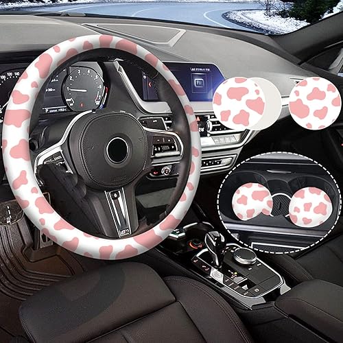 Funda para volante con estampado de vaca rosa para mujeres y hombres con 2 posavasos de automóvil, fundas universales de 14.5 a 15 pulgadas,