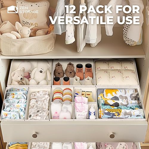 Miniatura 6 de Organizador de cajones de lino de algodón para ropa de bebé, paquete de 12 divisores plegables para cuarto de bebé, juego de varios tamaños