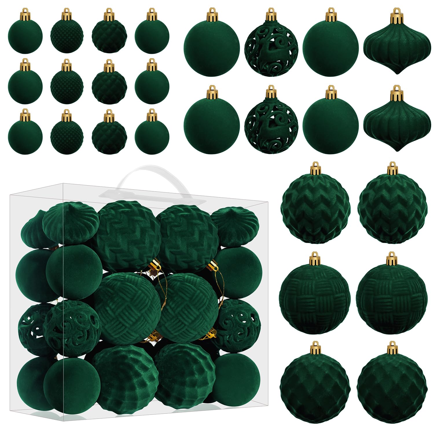 Miaikoe Velvet Christmas Ball Ornaments Set - 46pcs Shatterproof Plastic Flocked Christmas Tree Balls Assorted Sizes for Xmas Holiday Decor Decoration (Dark Green)