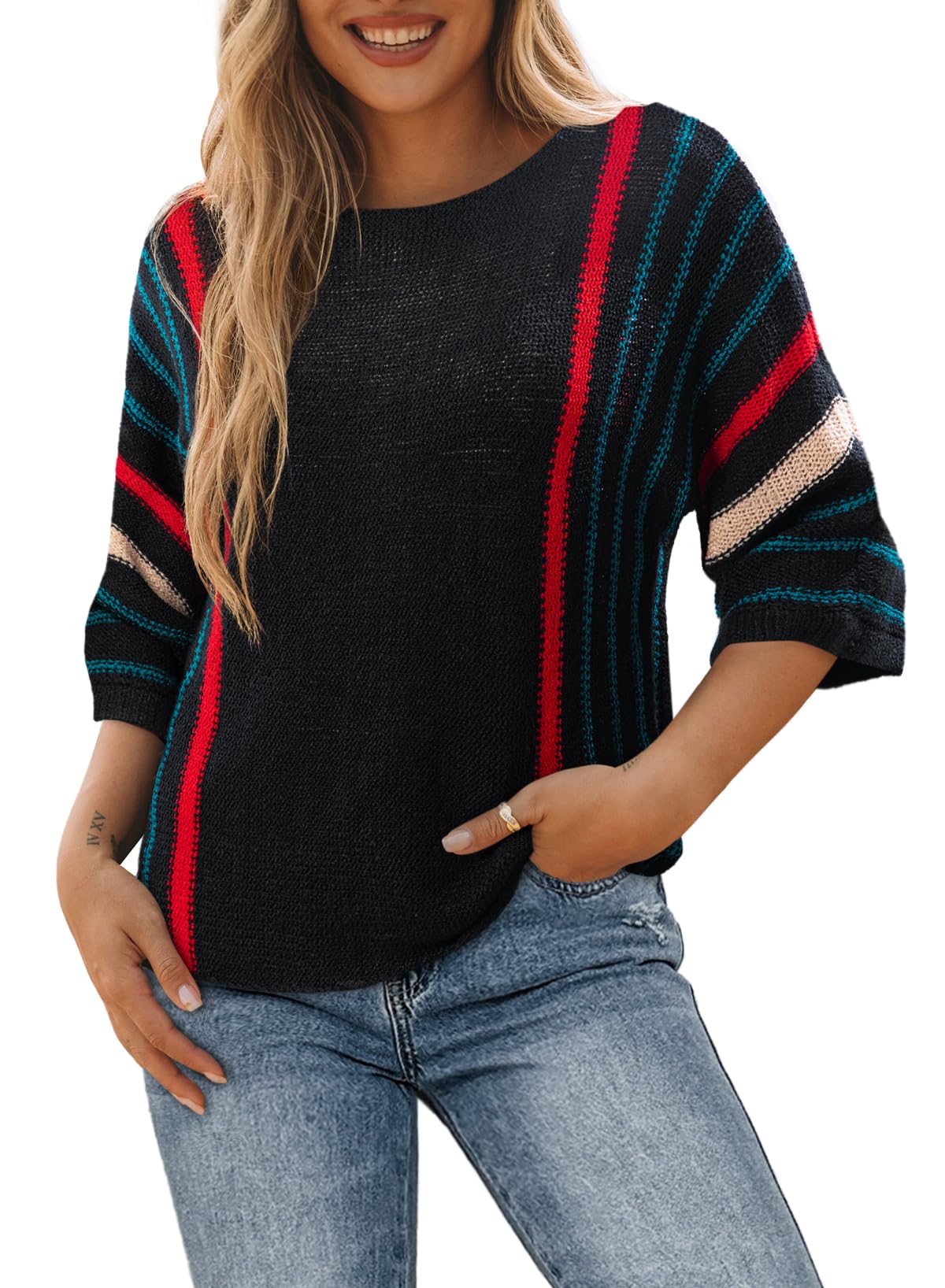 DokotooWomens 2023 Cute Summer Fall Color Block Striped Lightweight Comfy Cable Knit Beach Pullover Sweaters
