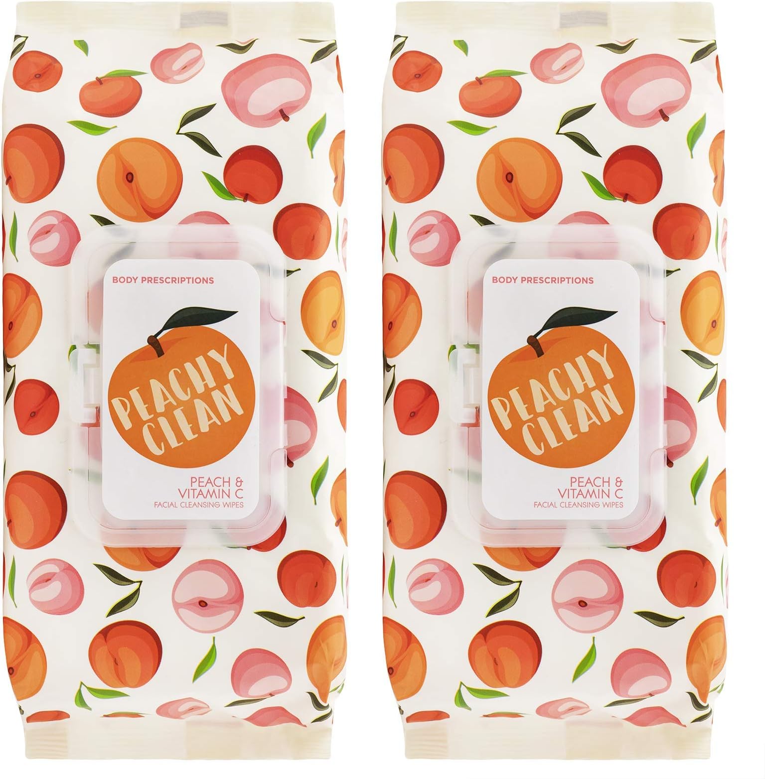 Body Prescriptions Peachy Clean Face Wipes & Makeup Remover Wipes - 2 Pack (60 Count Each) of Gentle Facial Towelettes – Flip Top Pack (Peach & Vitamin C)