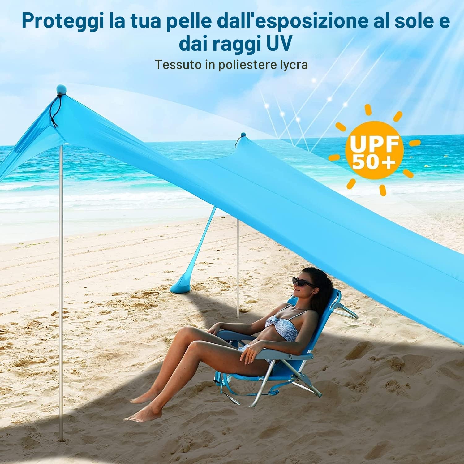 COMMOUDS Tenda da Spiaggia, Parasole 2,1m x 2,1m, Ombrellone Portatile Anti Sole con 4 aste, Facile da Montare e Adatto per Famiglie, Campeggio, Pesca