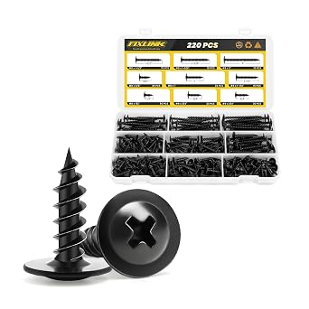 Wood Screws 1/2, 160PCS, and Assortment Kit 220 PCS FIXLINK Premium Phillips High Hardness Truss Head Black Wood Screws, Self Tapping Electrophoresis Modified Fast Truss Head Wood Screw, Black
