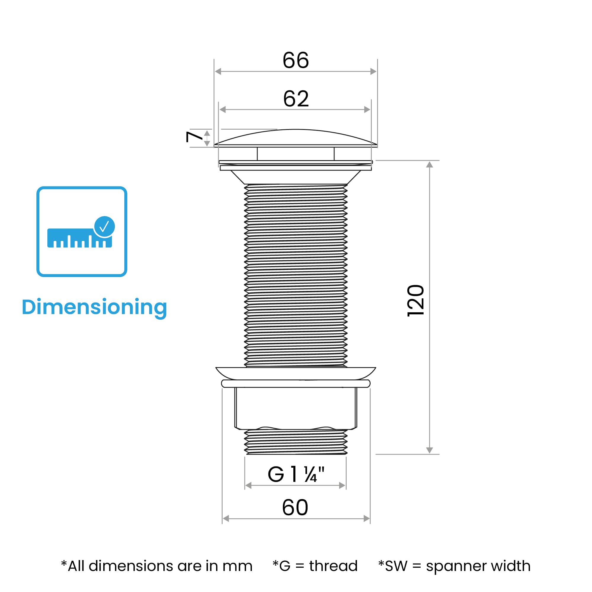 Bächlein Extra Long Universal Drain Fitting without Overflow (Matt Black) - Pop Up Valve for Countertop Washbasins - Image 3