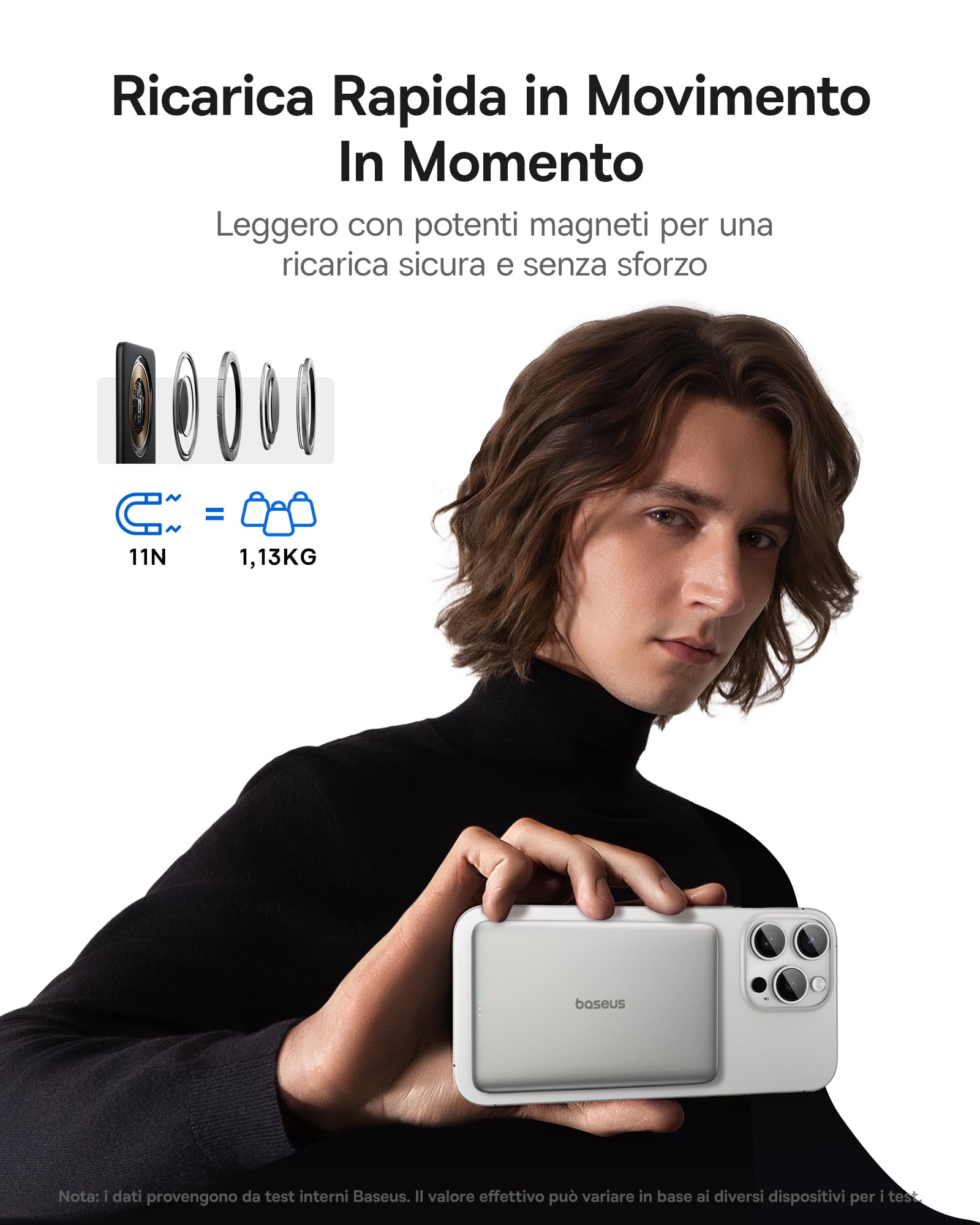 Baseus Picogo AM41 Power Bank, Ultra Slim 5000mAh Magsafe Powerbank, Ricarica Rapida PD 20W, Portatile, Magnetico Batteria Esterna Wireless con cavo USB C per iPhone 17/16/15/14/13/12, Titanio