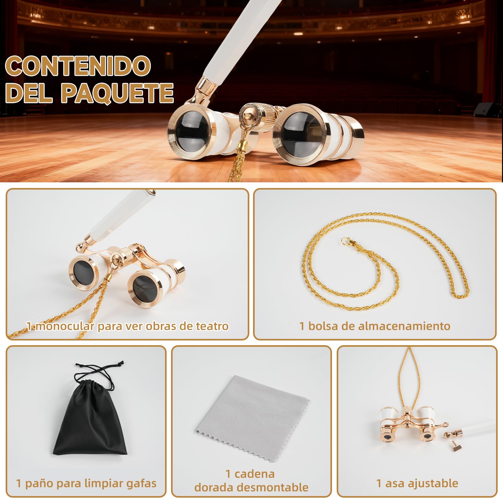 Prismáticos de Teatro 3x25 Vintage Plegables - Binoculares Mini con Mango Ajustable y Cadena, Lente BK7, Portátiles para Conciertos, Ópera y Eventos