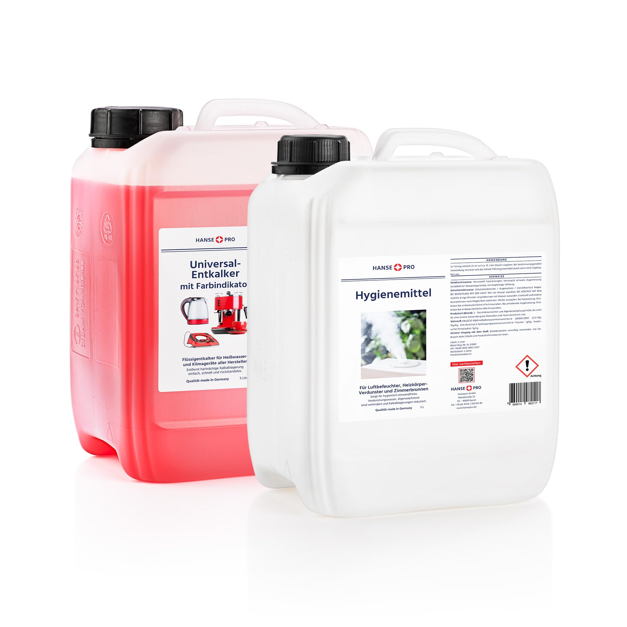 HANSE PRO Pflege-Set für Luftbefeuchter und Luftwäscher, 2 x 5000 ml I Hygiene-Mittel I hält Verdunstwasser hygienisch einwandfrei I Universal-Entkalker I gegen Wiederverkalkung