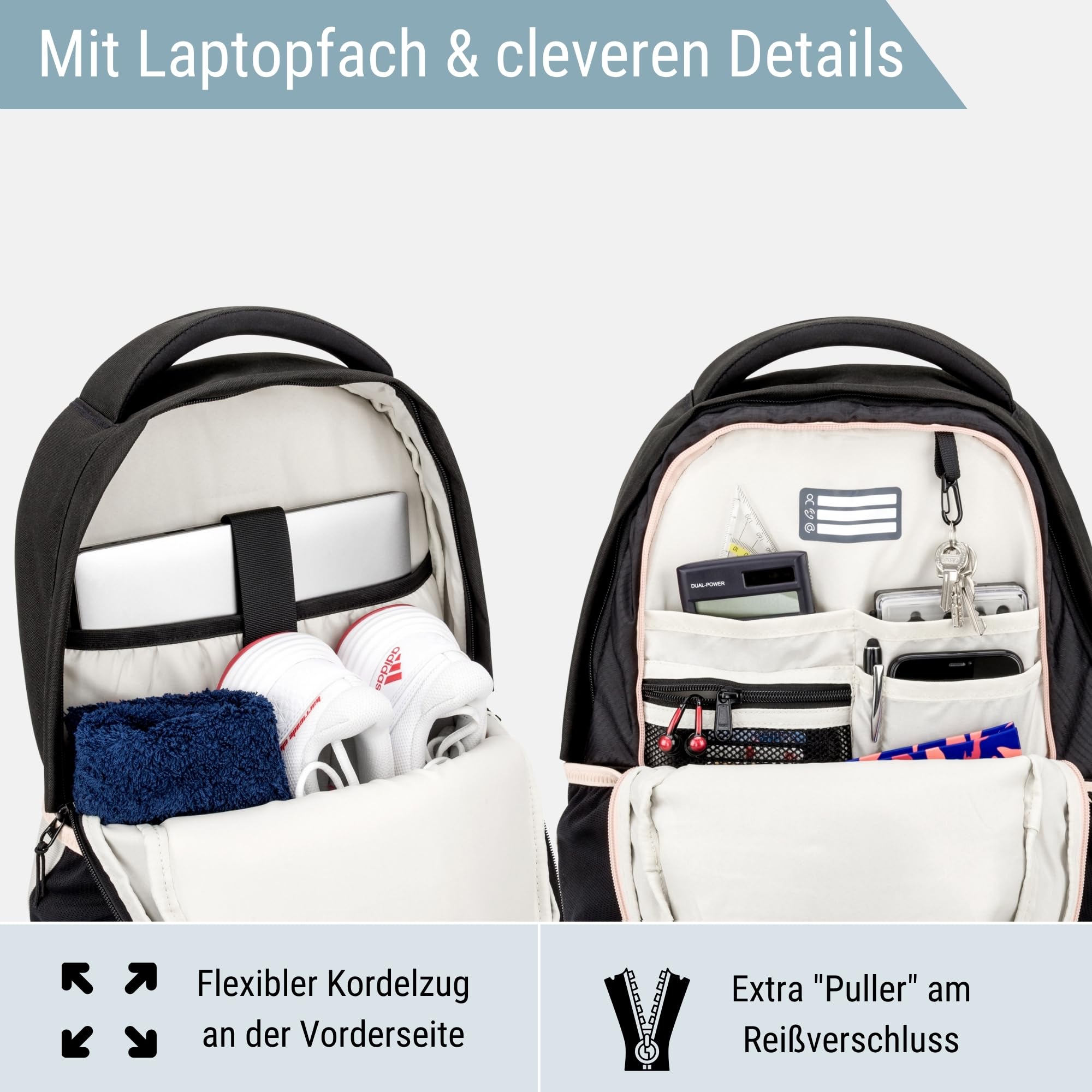 AUDETIC Schulrucksack Teenager Schwarz Rosa - AERO Backpack - Schulranzen für Jungen & Mädchen - 21 Liter - Ergonomischer Rucksack mit vielen Fächern für Schule & Freizeit - Wasserabweisend