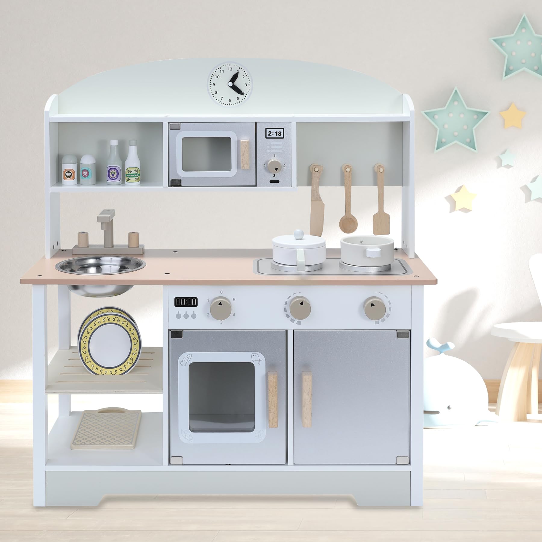 Kinderküche aus Holz mit Zubehör, Spielküche für Kinderzimmer, inkl. Herd, Ofen, Mikrowelle, Kühlschrank, Wasserhahn und Kochgeschirr – Kinderküche Holz Spielset für Rollenspiele, Mittelgrau