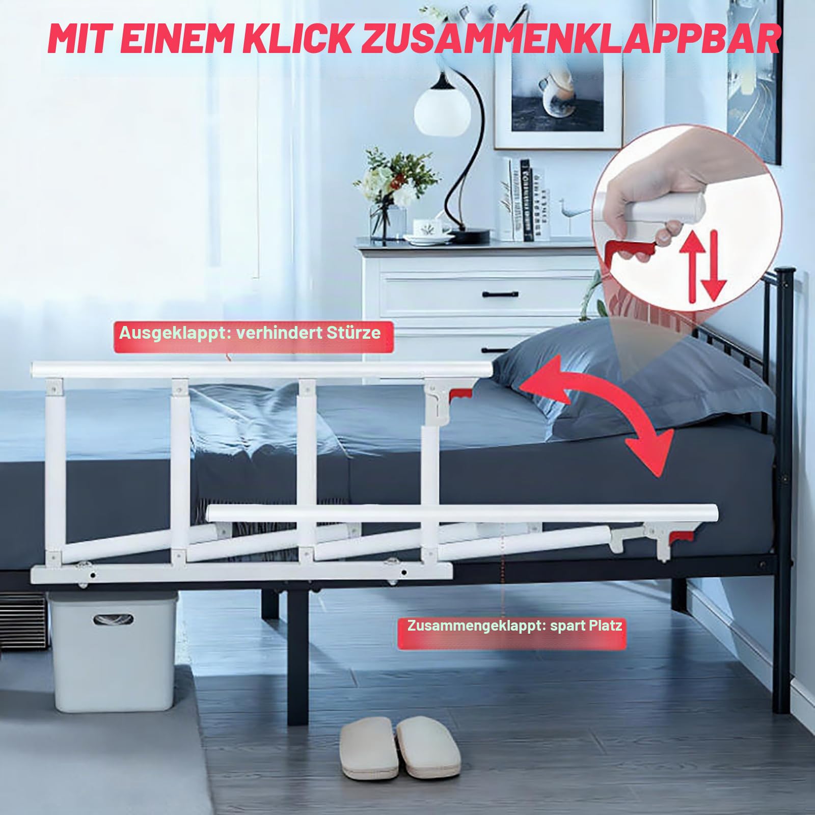 Bettgitter Rausfallschutz für Erwachsene, Faltbares Bettschutzgitter mit Aufstehhilfe, Rausfallschutz Bett für Senioren, Behinderte & Schwangere, Passend für Boxspringbett & Standardbetten