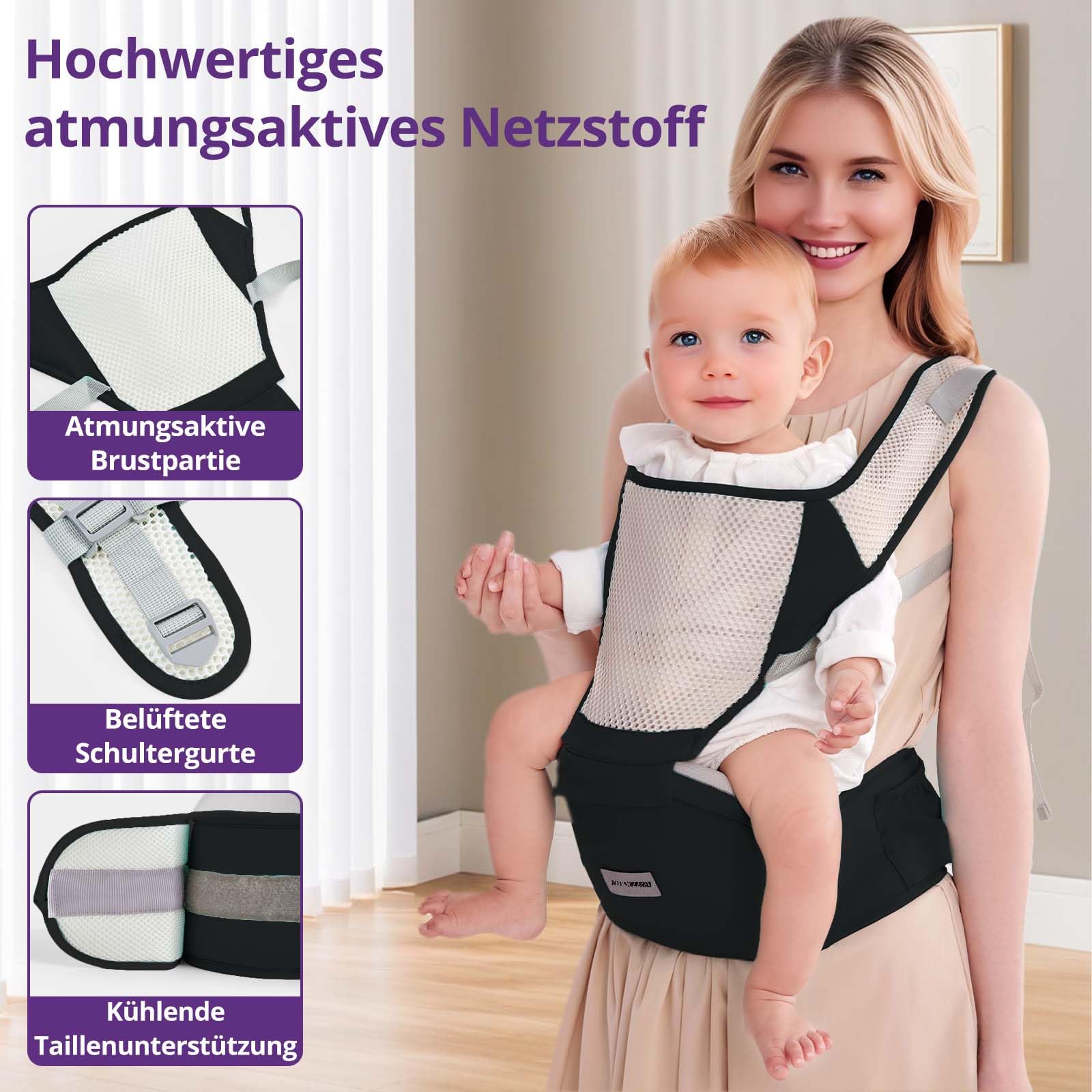 Ergonomische Babytrage mit Verstellbarem Gurt - 6-in-1 Neugeborenen-Kleinkind-Tragetuch, Atmungsaktive Mesh-Babytrage für Sommer, Kompakt für Reisen & Outdoor-Abenteuer (Schwarz)