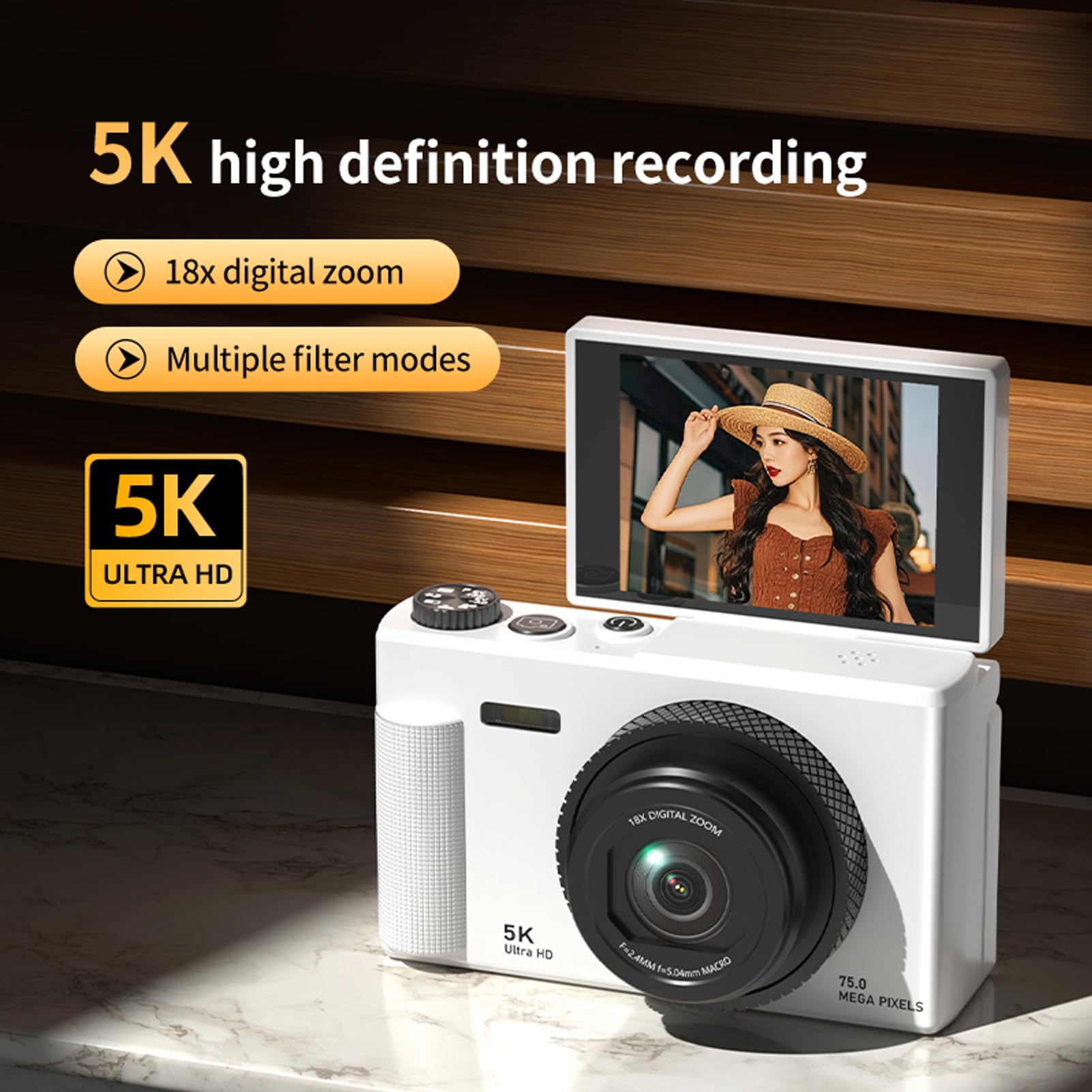 BuyWeek Fotocamera Digitale 5K 75MP, Fotocamera per Vlogging HD con Zoom 18X Autofocus con Schermo Flip 180° 2,8", Selfie, Flash Incorporato, Supporta Schede Fino a 256GB (Bianca)
