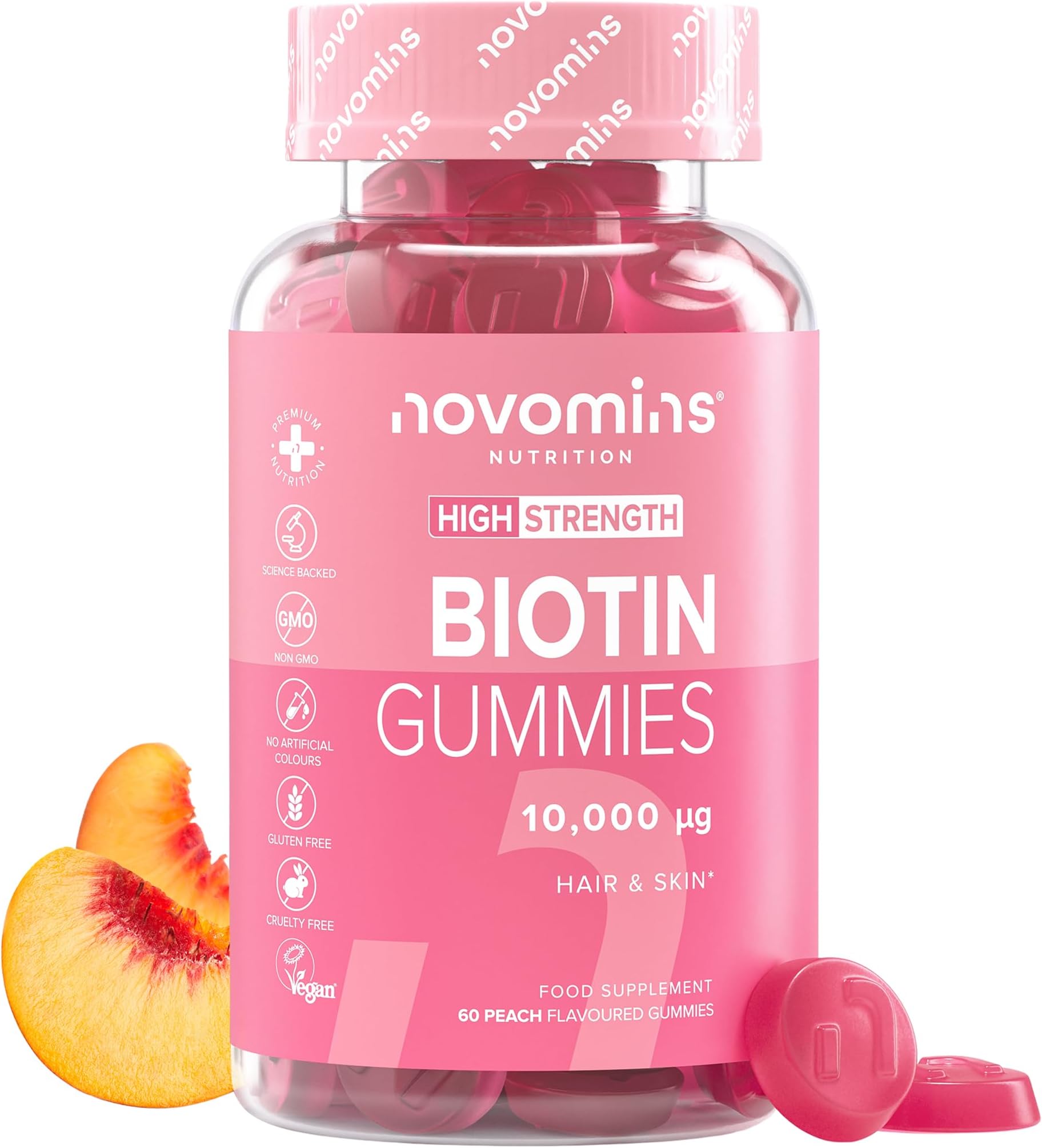 Biotin Gummies - 10,000 mcg Biotin Hair Growth - 60-Day Supply - Hair Growth Vitamins - Vegan & Gluten-Free Alternative to Tablets - Anti Hair Loss Gummies - 60 Gummies - Novomins