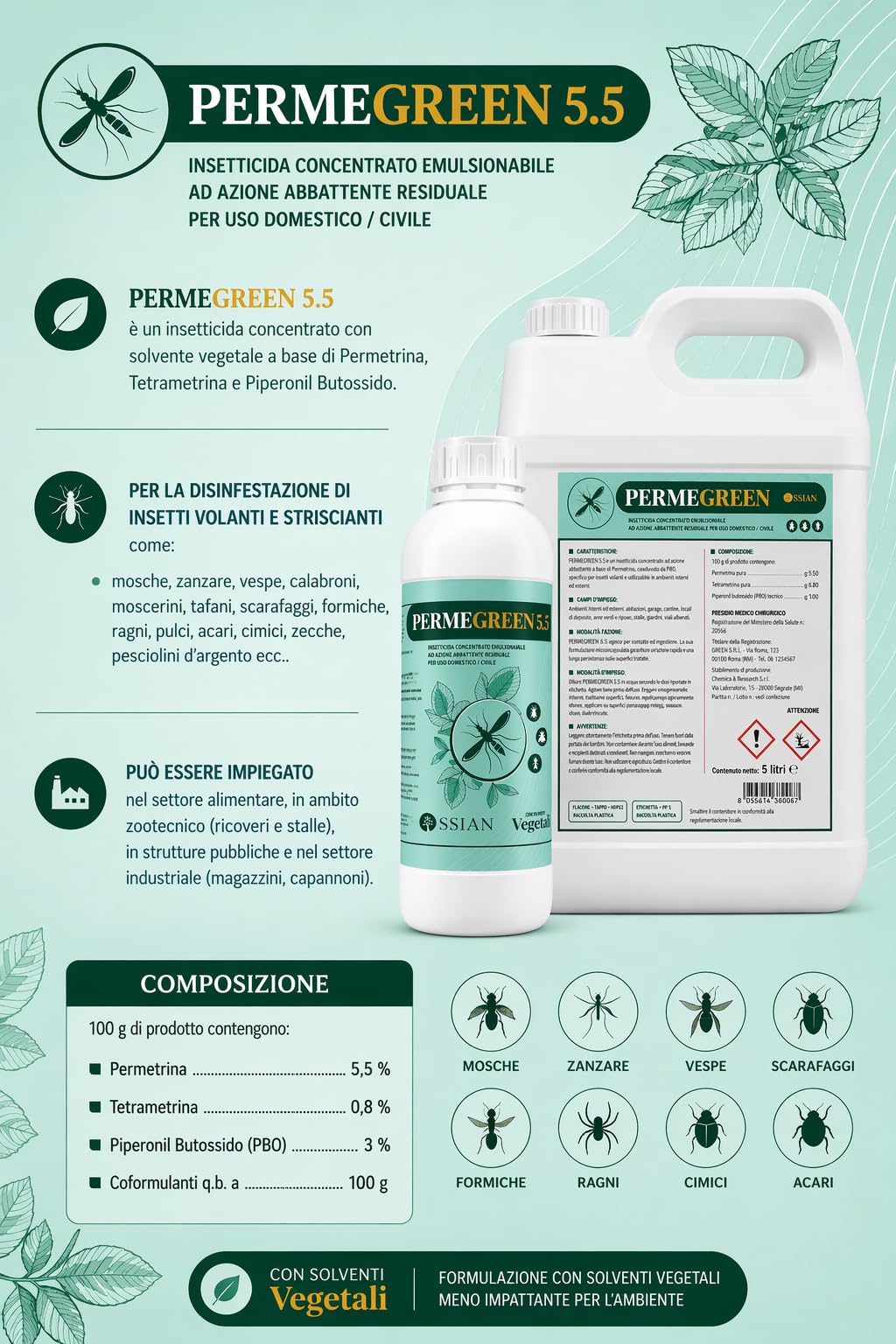 Ossian Permegreen 5.5 Insetticida Concentrato Inodore 1 LT – Permetrina, Tetrametrina e PBO – Azione Abbattente e Residuale – Contro Zanzare, Mosche, Scarafaggi, Blatte, Zecche – Interno/Esterno