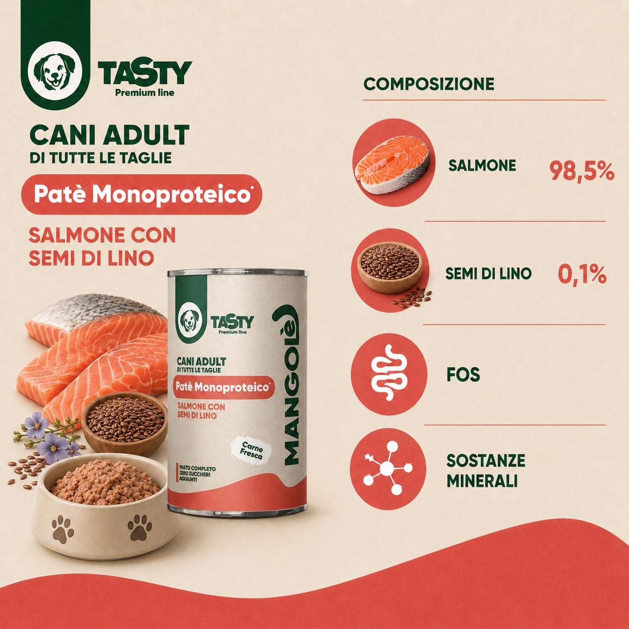 Dog Patè Monoproteico Salmone con Semi di Lino 400 g Alimento Umido Completo per Cani Adulti con FOS e Minerali (36 Pezzi)