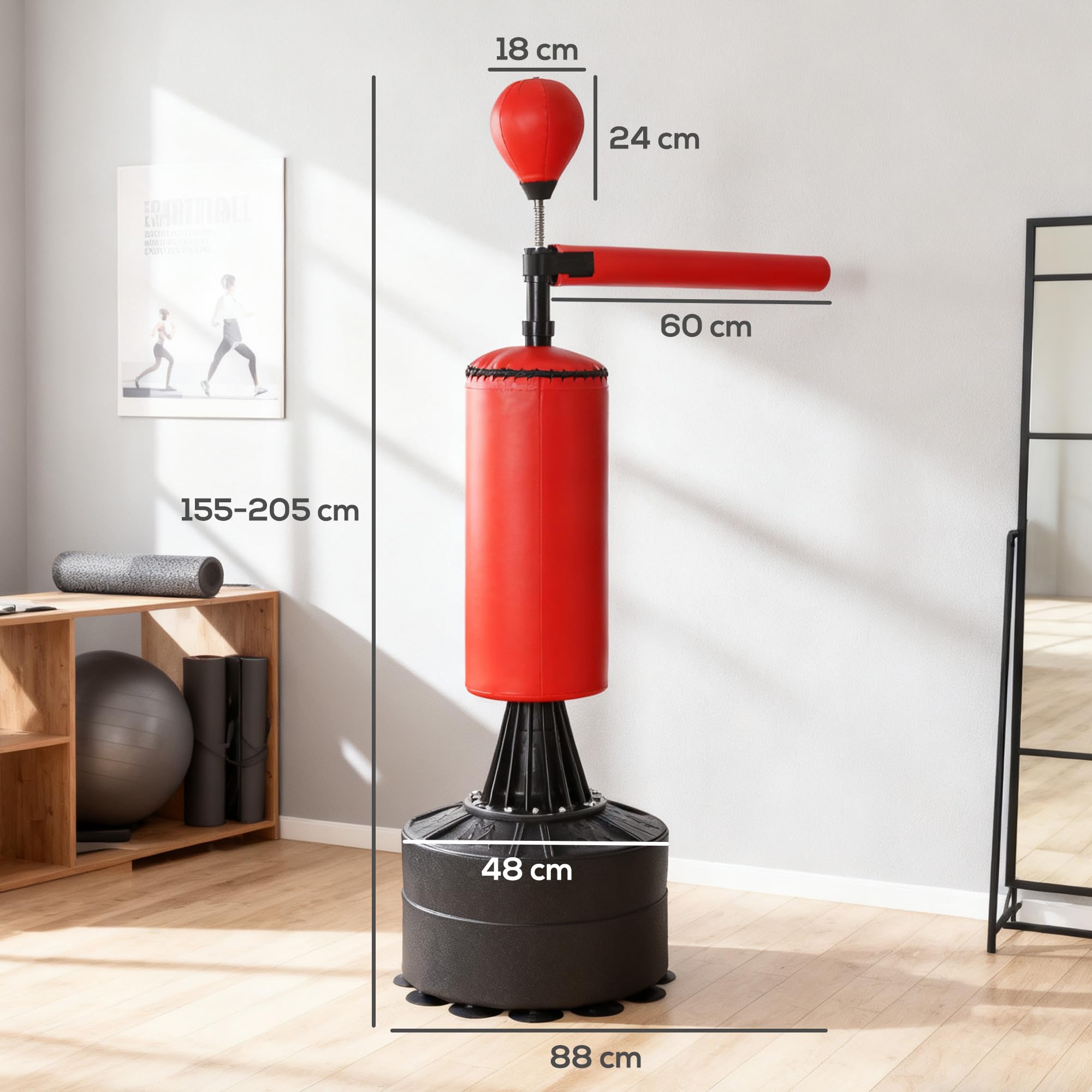 HOMCOM Sacco da Boxe ad Altezza Regolabile con Punching Ball, Base Riempibile e Asta Rotante, Sacco da Terra in PU, EPE e HDPE, 88x48x155-205 cm, Rosso e Nero