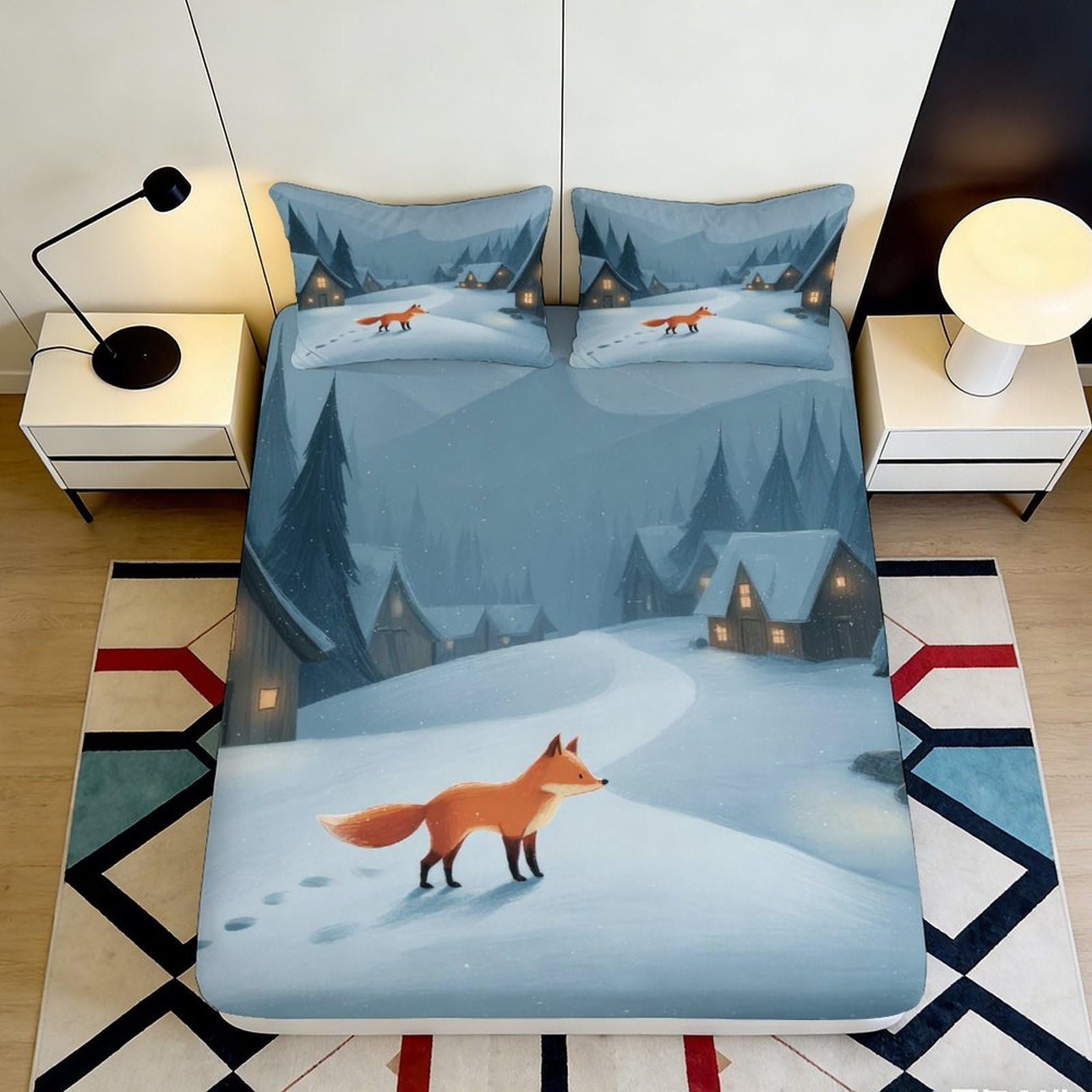3D Printed Fox Snow Forest Fitted Sheet Microfiber Soft Blue Bed Cover for Bedroom Guest Room Decor Mattress Protection 90x200x25cm
