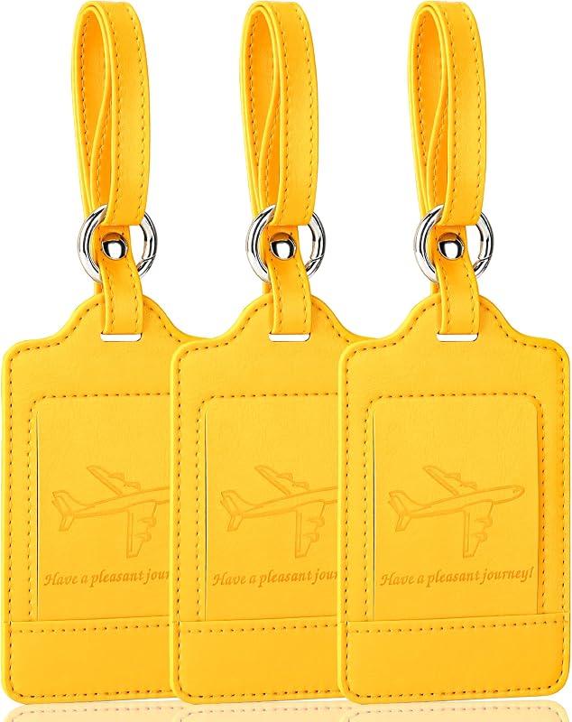 Teskyer Etiquetas de equipaje de cuero para valija, paquete de 3, amarillo | Anillo de resorte de fijación rápida, diseño de solapa de privacidad, incluye 6 tarjetas de información, cuero duradero, fácil de identificar, esencial para viajar