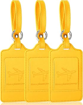 Teskyer Leather Luggage Tags for Suitcases, 3 Pack, Yellow | Quick-Attach Spring Ring, Privacy Flap Design, Includes 6 Info Cards, Durable Leather, Easy to Identify, Travel Essential