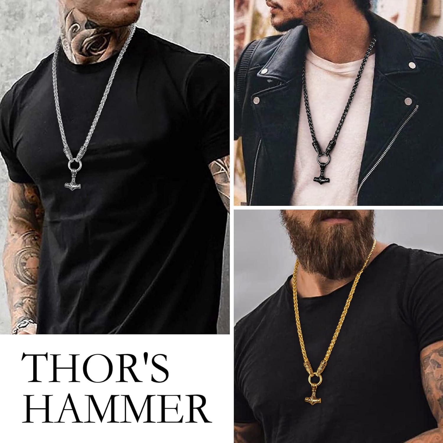 Bestyle Vintage Hammer Necklace for Men Boys Stainless Steel Hammer Mjolnir Pendant Powerful Rune Amulet Noridc Jewelry Gift for Viking Lover-Gift Packaged - Image 2