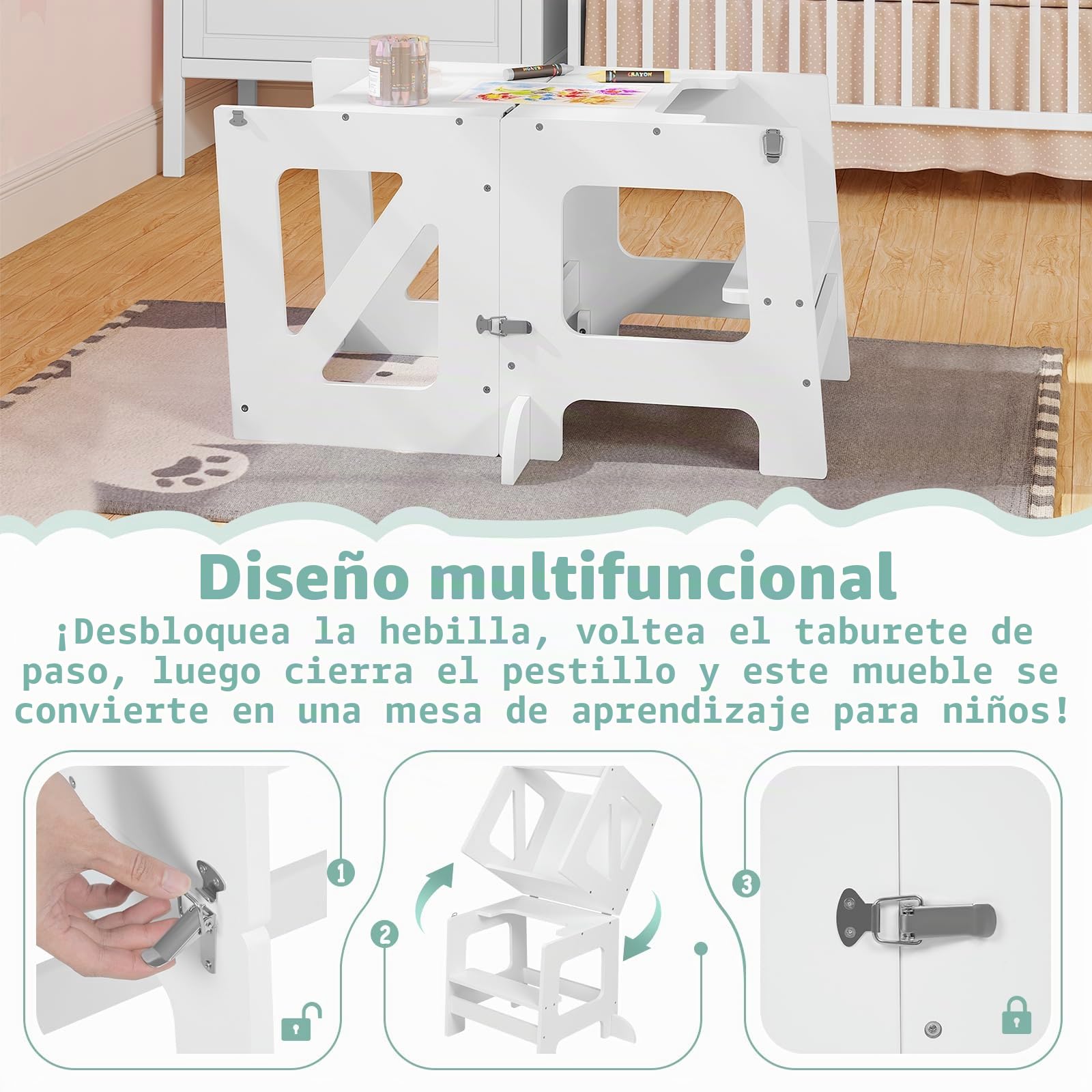 WOLTU Torre de Aprendizaje con Pizarra, Torre Montessori Plegable para Niños a Partir de 1 Año, Taburete Niños con Bordes Redondeados, Pies Antivuelco, Mueble Infantil Blanco
