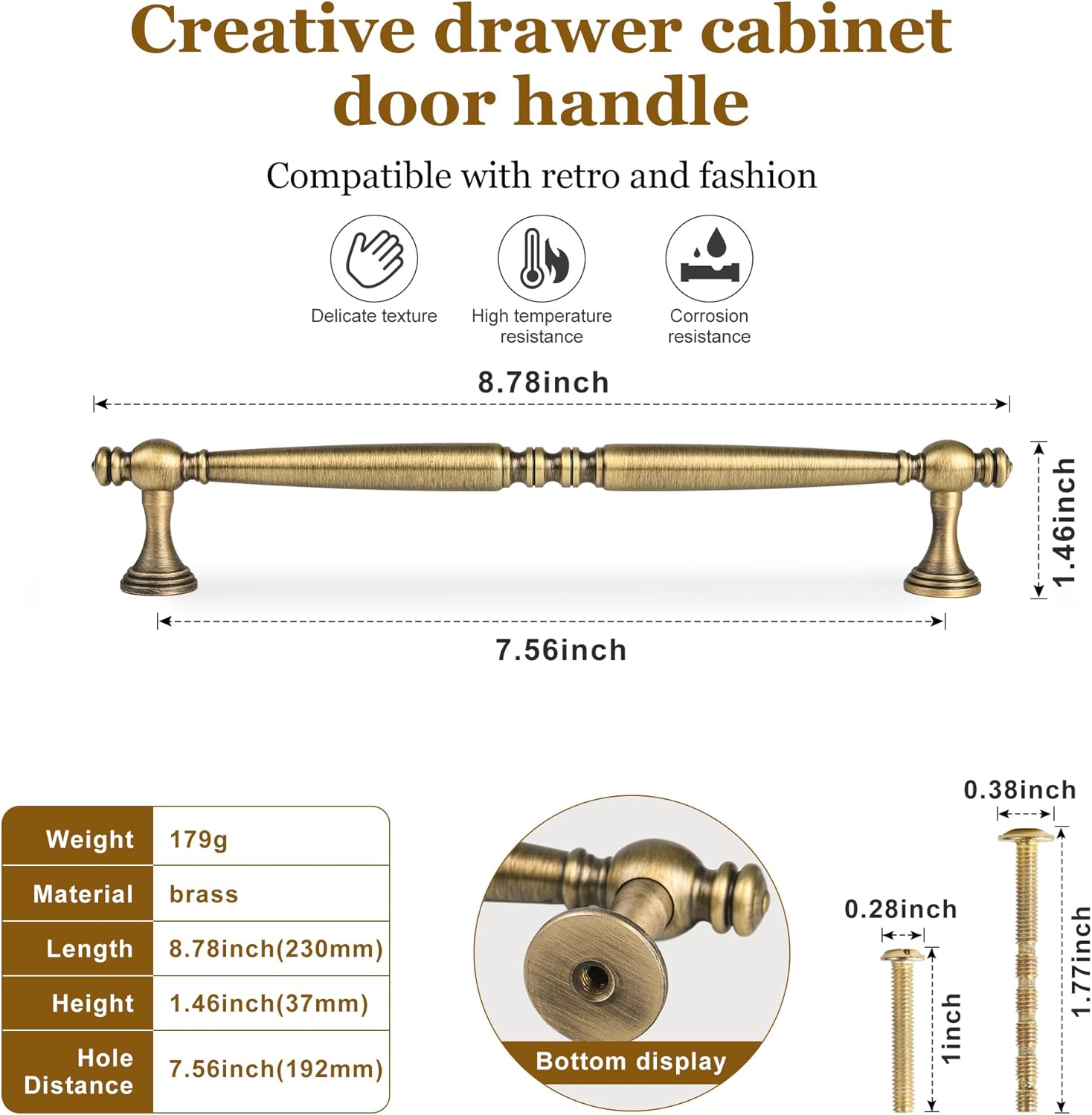 5-Pack Solid Brass Kitchen Cabinet Pulls, Antique Brass Modern Dresser Drawer Handles, 7 1/2 inch (192mm) Furniture Hardware for Vanity Bathroom Bedroom Cabinet Furniture Door