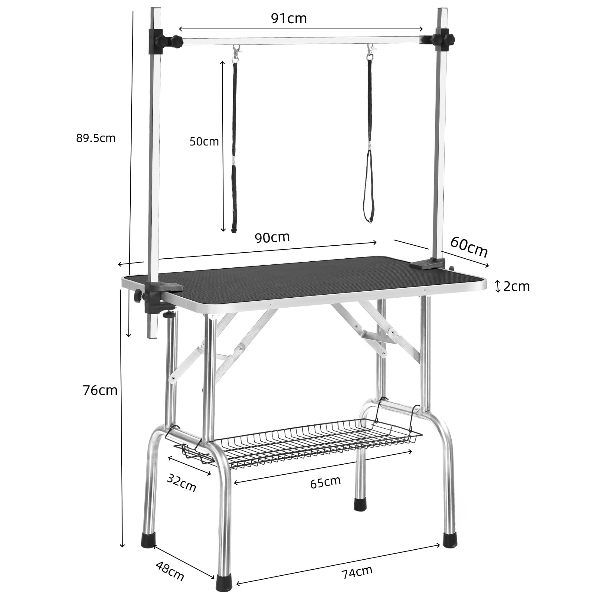 Höhenverstellbarer Haustierpflegetisch mit Arm, Leine & Netzablage, Professioneller Grooming Tisch für Hunde, 60kg Tragkraft, Faltbar, Schwarz 90x60x76 cm