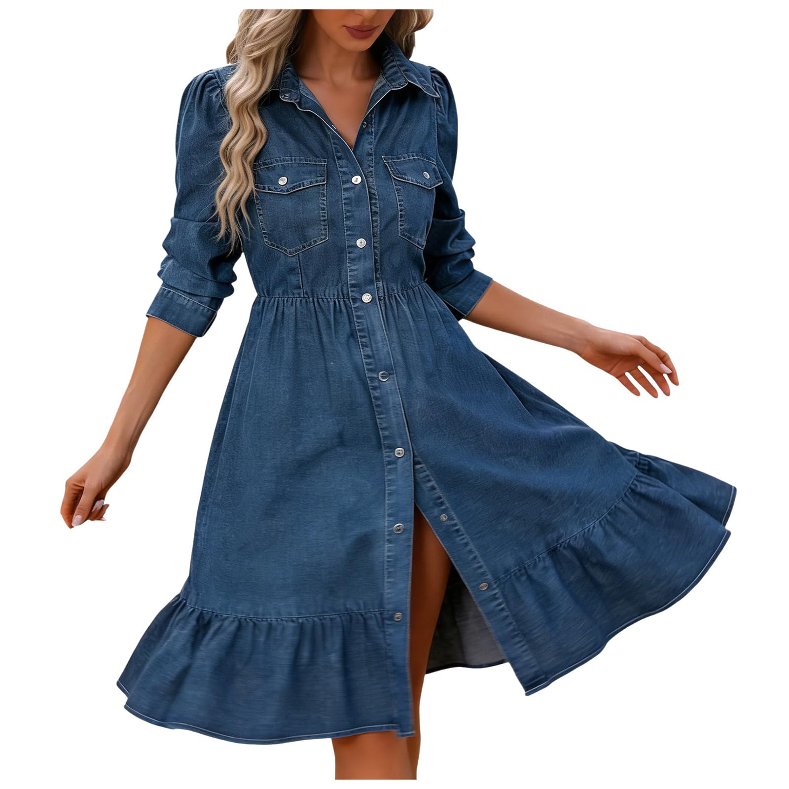 Générique Robe en Jean Femme Midi Col Rabat Manches Longues Boutonnage Devant Volants Bas Robe Décontractée Élégante pour Journée et Sortie