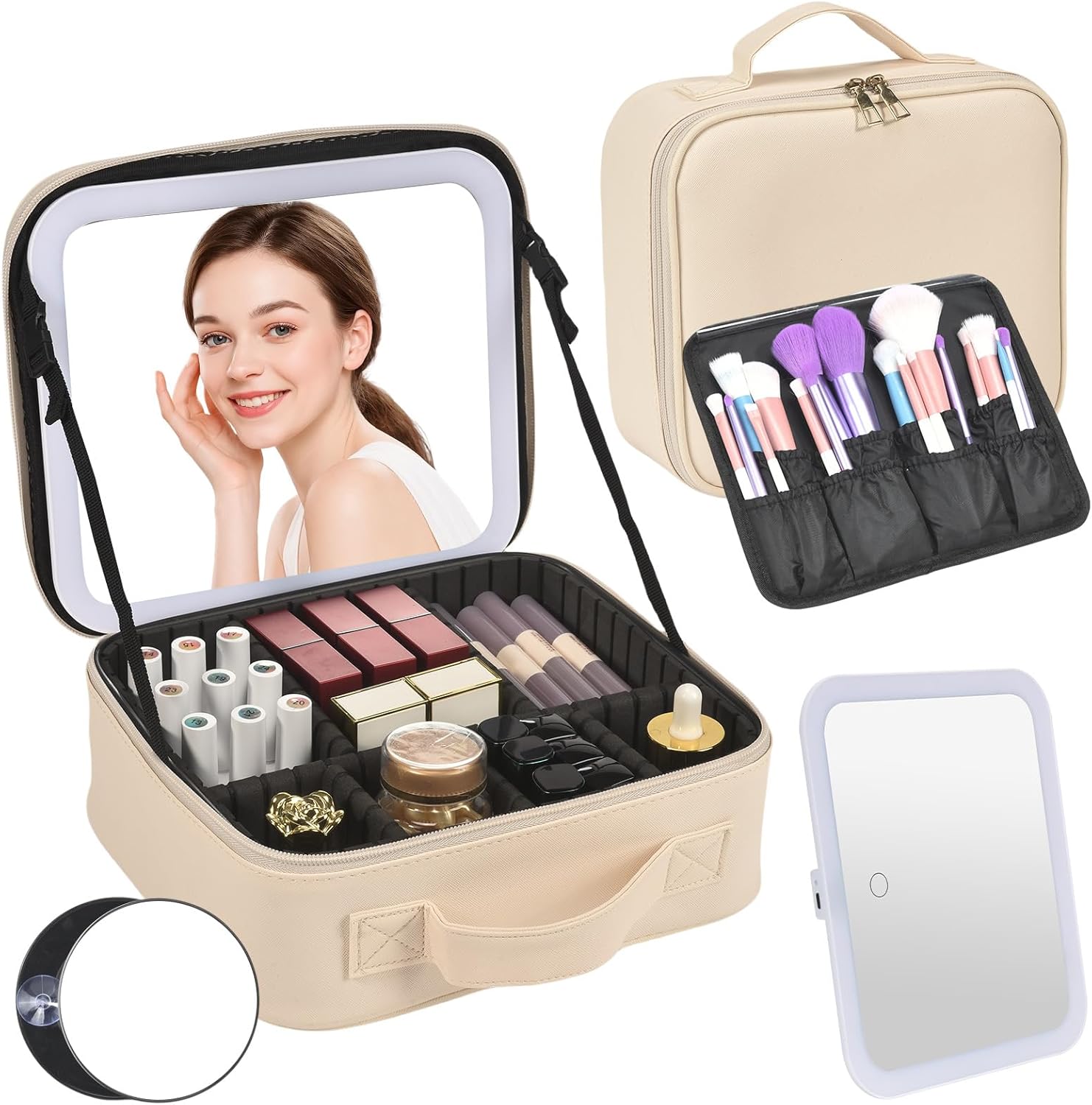 Travel Makeup Bag, Portable Makeup Case with LED Mirror, Removable Mirror with 3 Color Modes, 8 Adjustable EVA Dividers for Brushes Toiletry Jewelry Digital Accessories, Off White