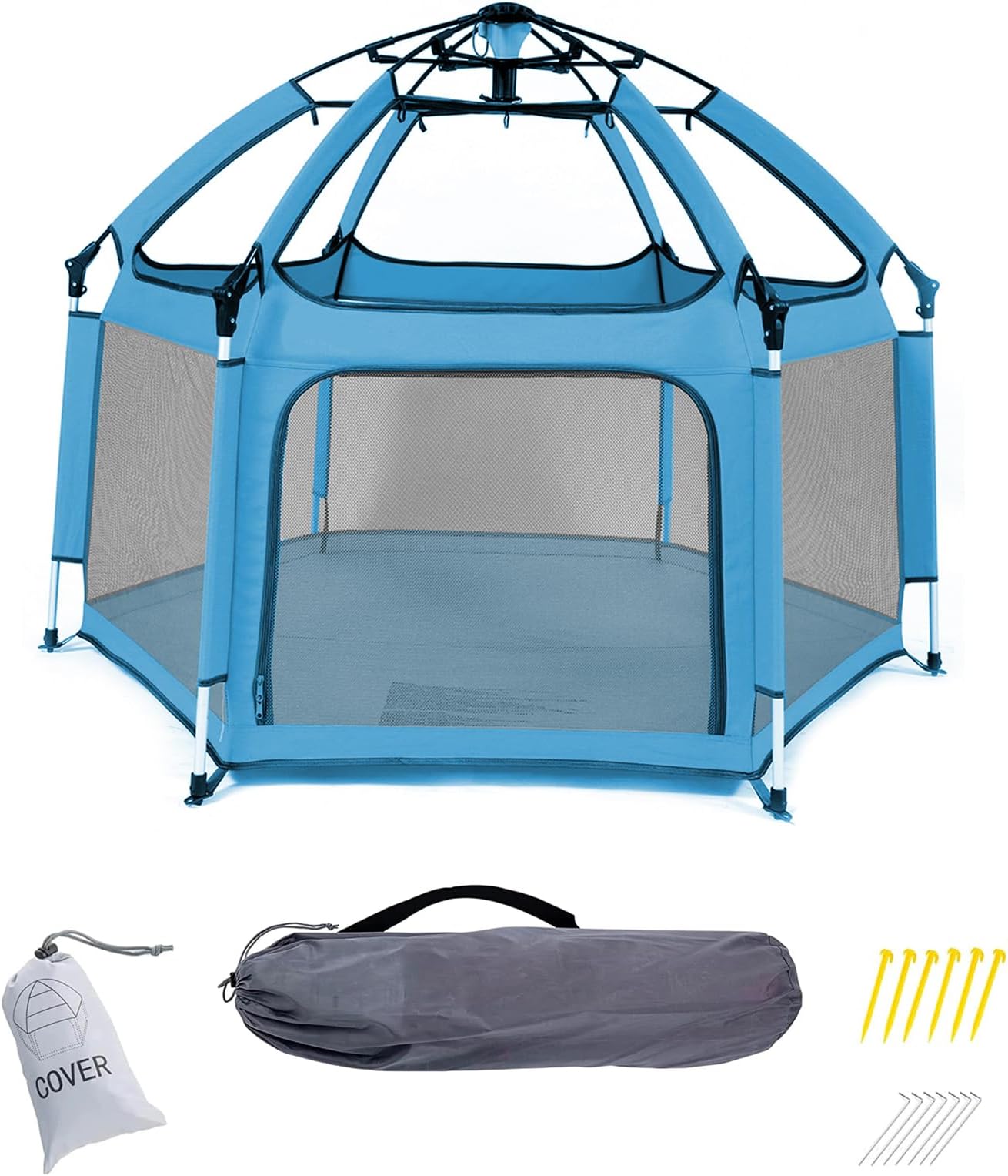 LIMOS Baby Playpen with Canopy,Premium Portable Baby Beach Tent,Lightweight Pop Up Pack with Anti UV and Anti-mosquito Canopy, Kids Playpen with Travel Bag for Indoor and Outdoor (Blue half net)