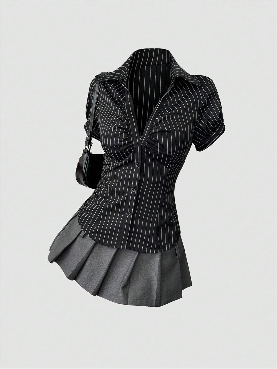 SweatyRocks Women's Striped Button Down Shirt Ruched Short Sleeve Fitted Work Business Blouses - Image 3