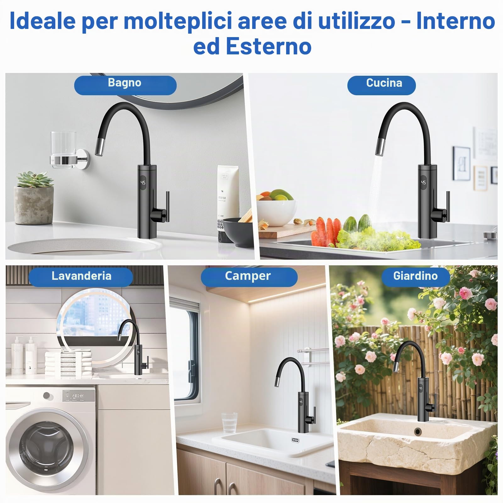 Rubinetto per Acqua Calda Istantanea, 3300W Acciaio Inox Elettrico con Scaldabagno Integrato, con 40cm Tubo di Alimentazione, 360° Tubo Flessibile Girevole, Controllo Della Temperatura a LED, Nero