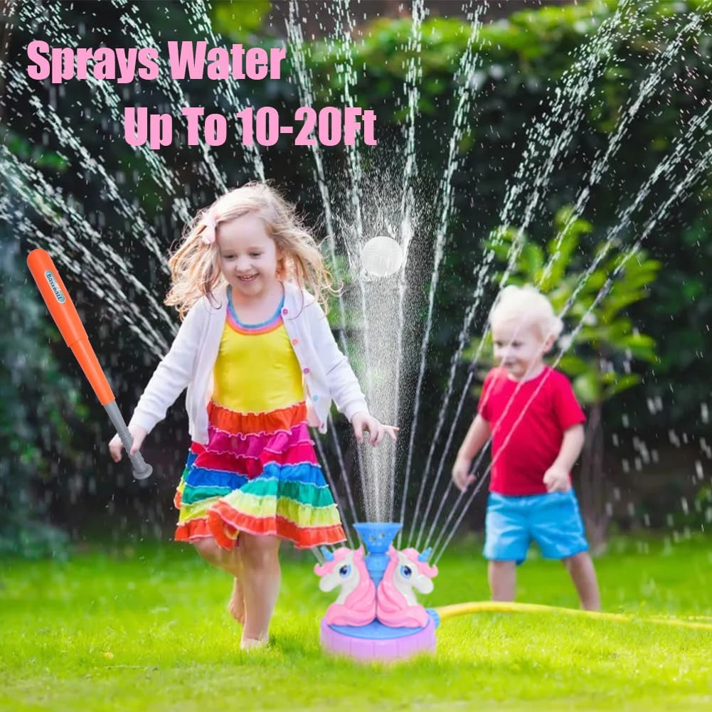 Water Sprinkler Baseball Toys, Unicorn Spinning Sprinkler Spray with Splash Baseball Bat & Water Ball Nozzles for Boys Girls Summer Backyard Garden Lawn Outside Water Games