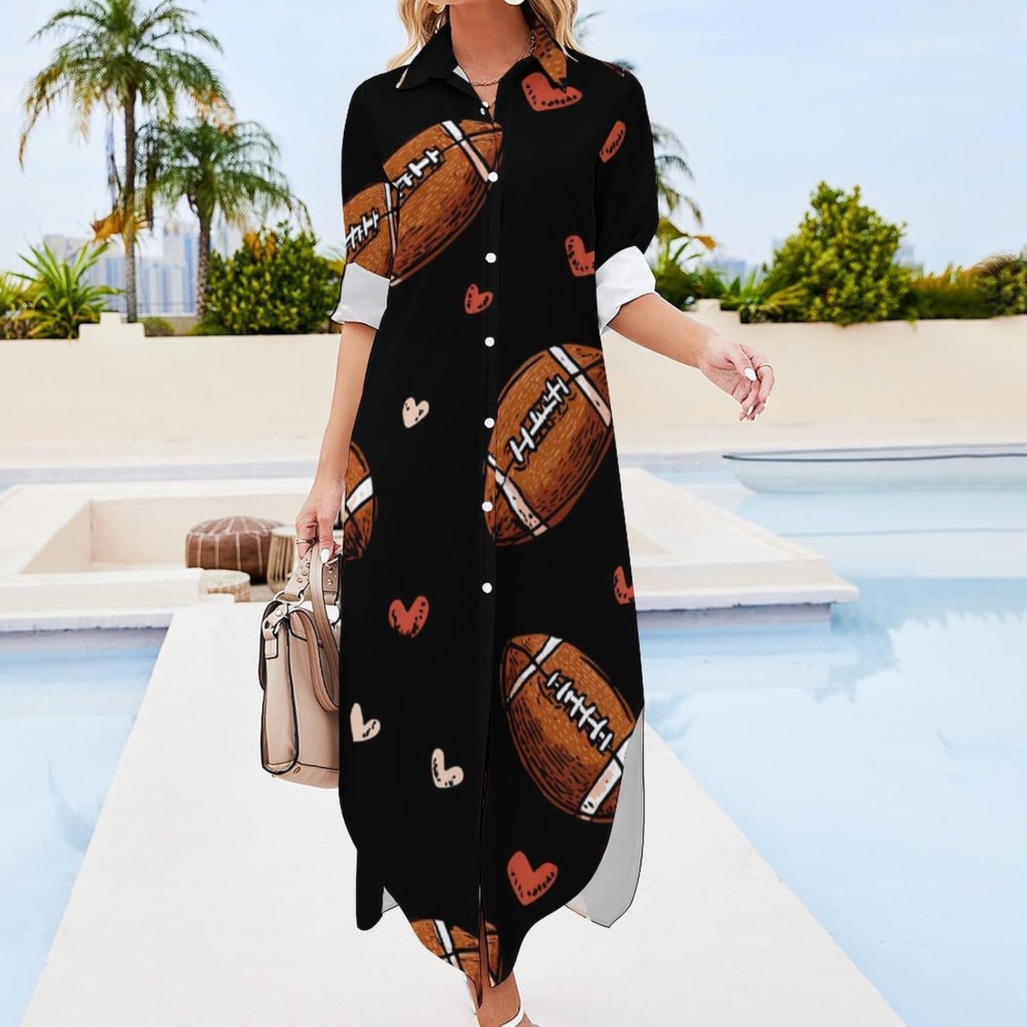 Football Rugby Ball Sports Womens Shirt Dress Button Down Dress 6XL image 3