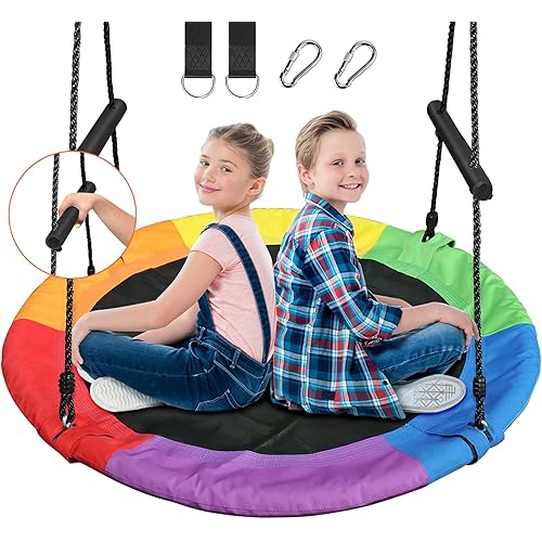 Treeswin Saucer Tree Swing 40 Inch, 700 lb Weight Capacity Outdoor Flying Swing with Tree Strap, 900D Oxford Fabric Waterproof Steel Frame and Carabiner for Playground and Backyard (Rainbow)